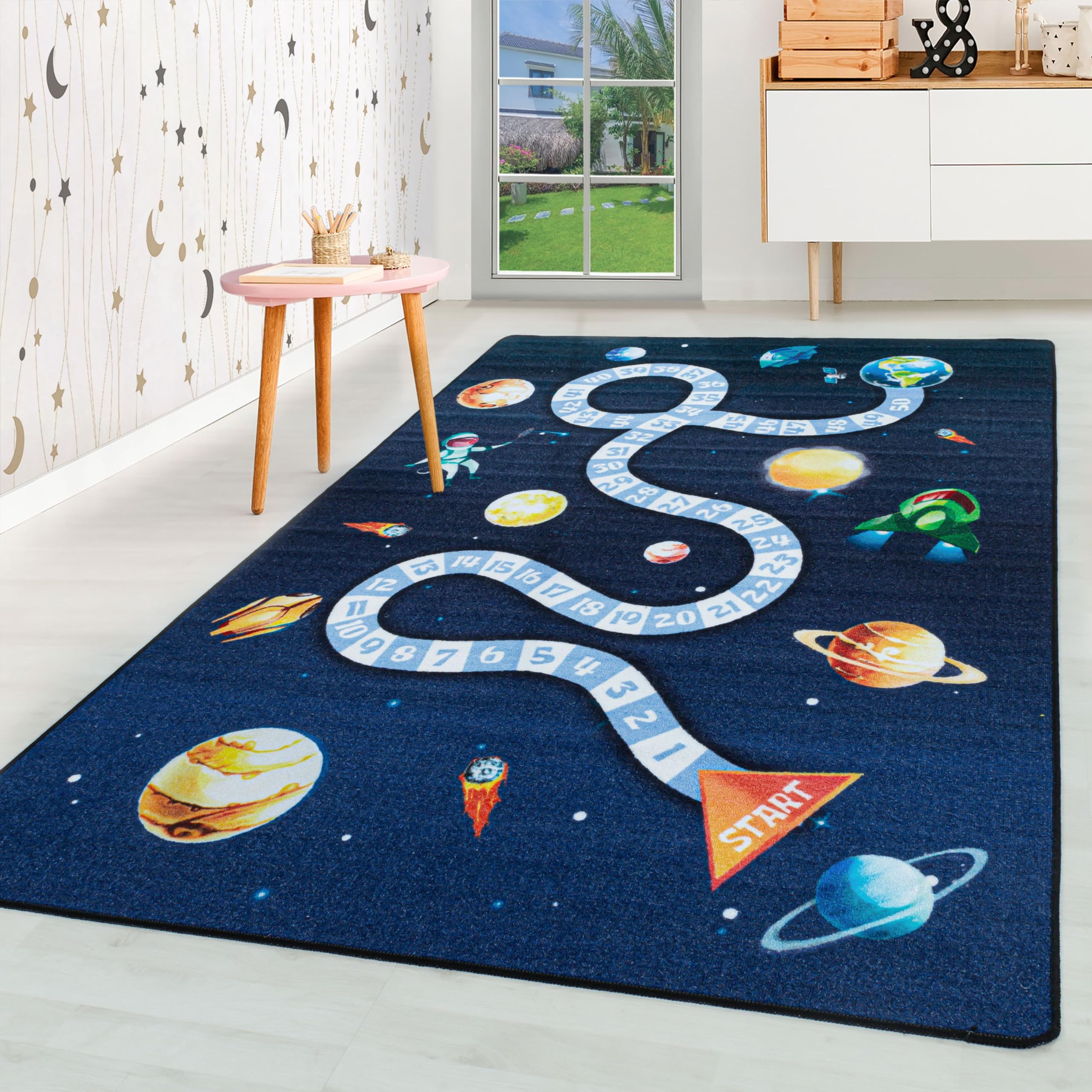 HomebyHome Alfombra para niños Pila Corta Diseño de Cohetes Space Planeta Habitación de los niños de los bebés Suave y Lavable Rectangular Chicas jóvenes, Color:Armada, Tamaño:100x150 cm