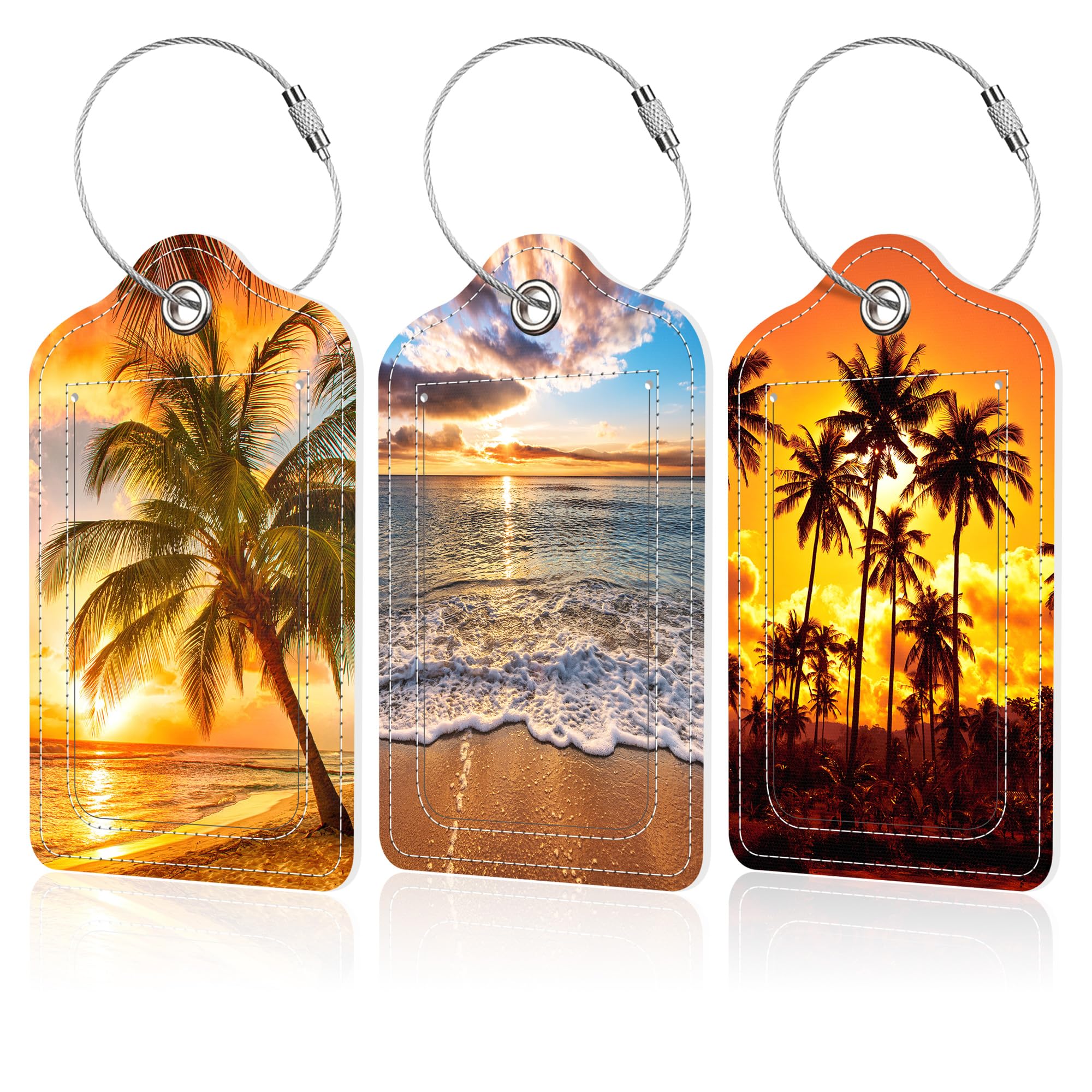 3 PCS Leather Luggage Tags for Suitcase Sunset Beach Palm Trees Travel Cruise Luggage Tag with Stainless Steel Loop Name ID Label Privacy Cover for