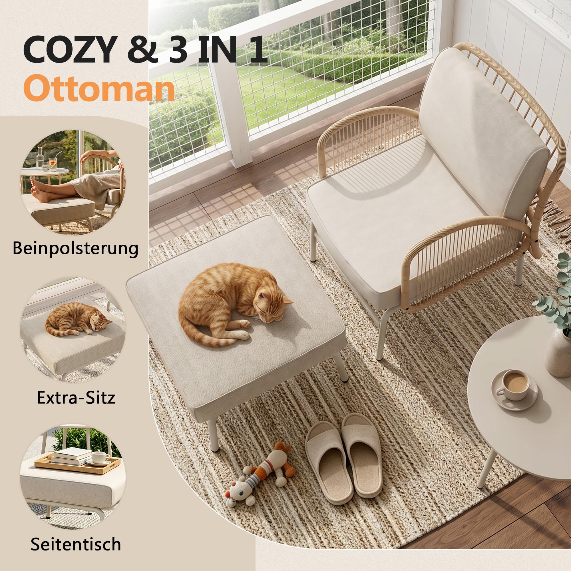 Gotland 6 Stück Balkonmöbel Set, 2026 Upgrate Outdoor Lounge Sessel mit Ottomane & Couchtisch, Allwetter Outdoor Lounge Set mit 3 dicken Kissen für Balkon, Garten, Weiches Kissen, für kleinen Raum