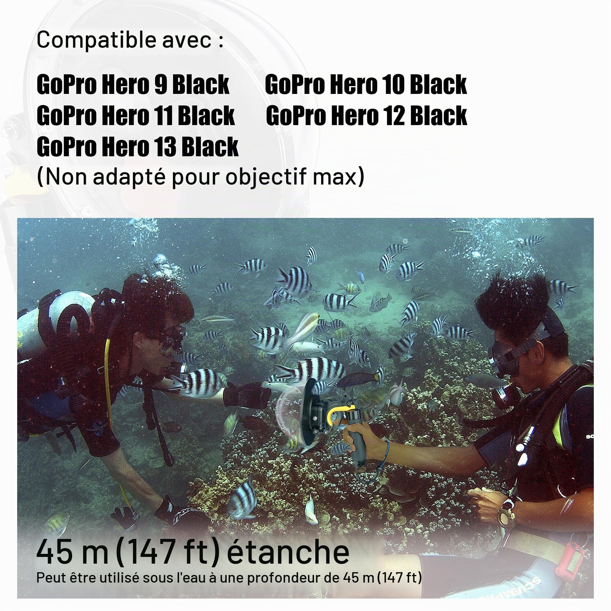 Port dôme étanche pour GoPro Hero 13 12 11 10 9 noir avec filtres commutables intégrés, poignée flottante, déclencheur, boîtier dôme sous-marin pour GoPro 9 10 11 12 13 Noir