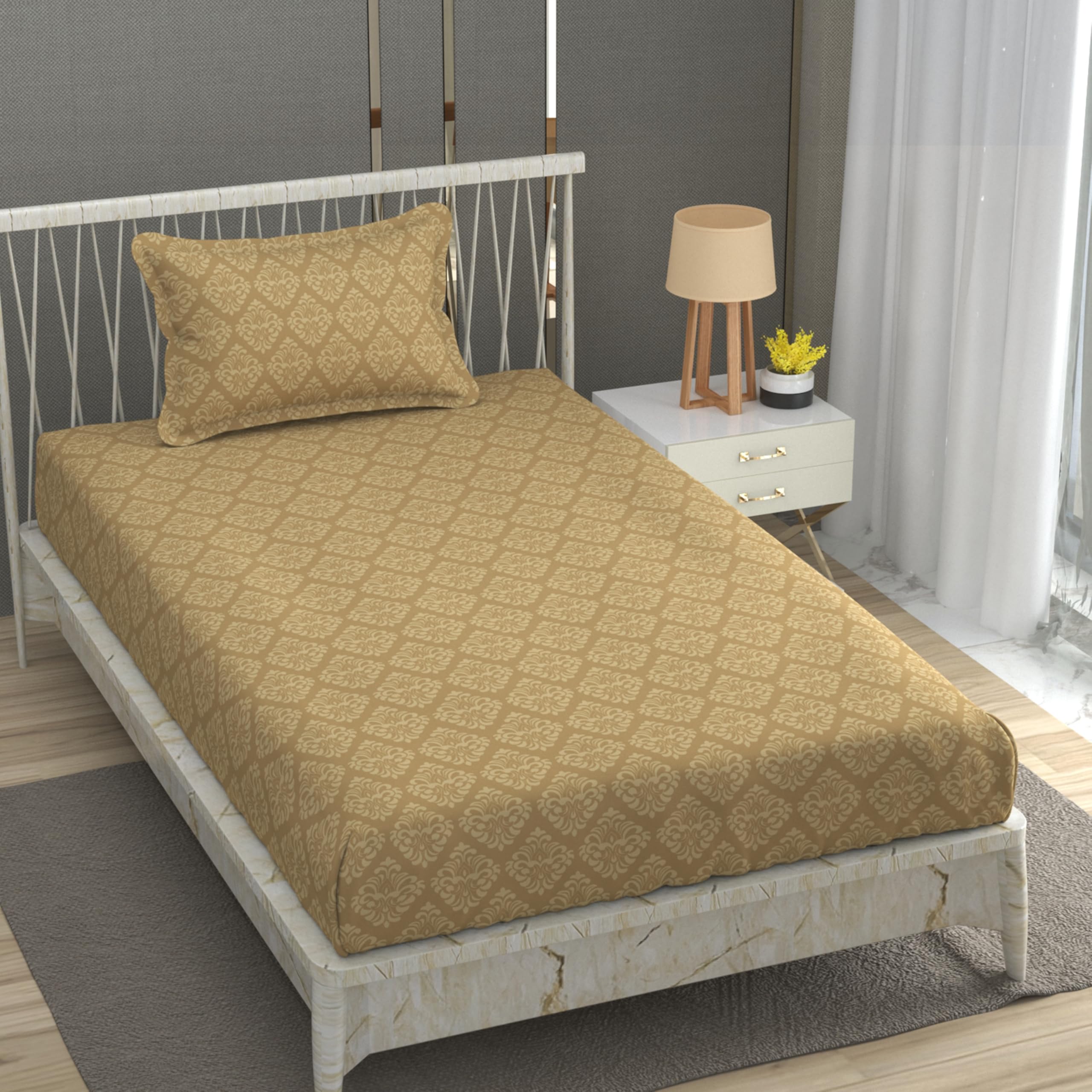 FRESH FROM LOOM Hypoallergenic Rotary Printed Double Bedsheet - Single Bedsheet, Microfiber, Wrinkle Free with 1 Pillow Covers (60x90 Inches | Beige, Damas Design), 144 TC