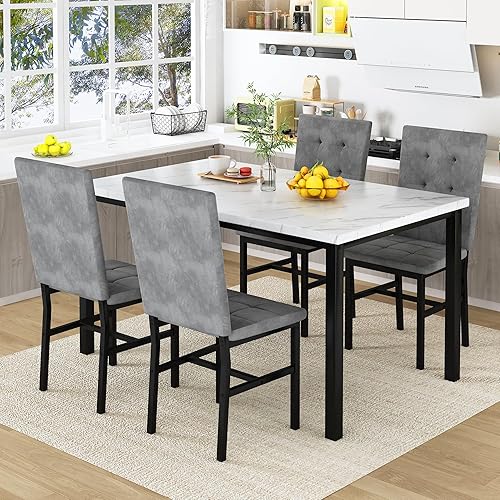 Miniatura 3 de AWQM Juego de 4 mesas de comedor para 4, juego de 4 sillas y mesa de cocina de mármol sintético, juego de comedor moderno para 4, juego de mesa de