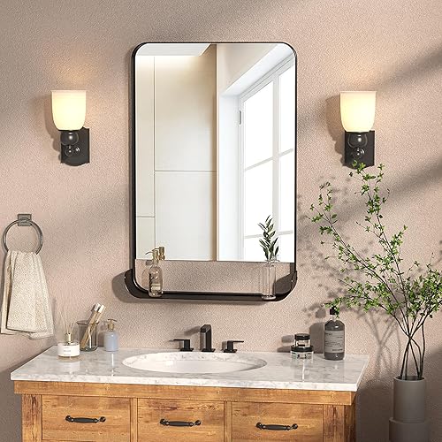 Miniatura 6 de Espejo de baño con marco de metal negro para pared, 36 x 24 pulgadas, moderno espejo de tocador rectangular mate para pared de baño con estante