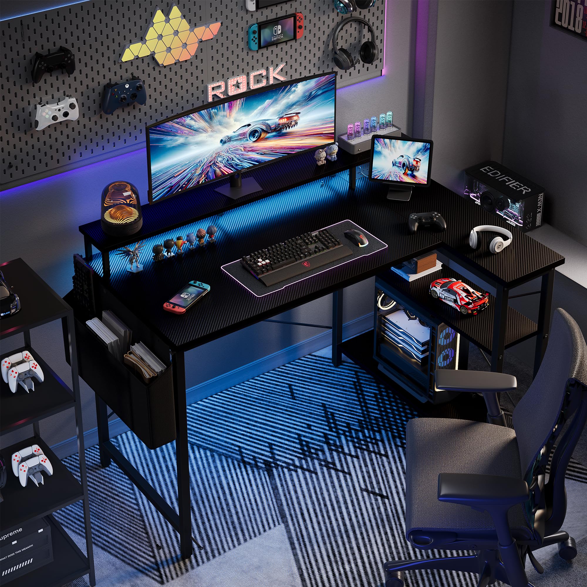 Grandder Scrivania ad Angolo Reversibile 100x70cm, Tavolino Computer a Forma L Ripiani Portaoggetti e Struttura in Acciaio, per Gaming, Computer, Ufficio, Studio e Casa, Nero