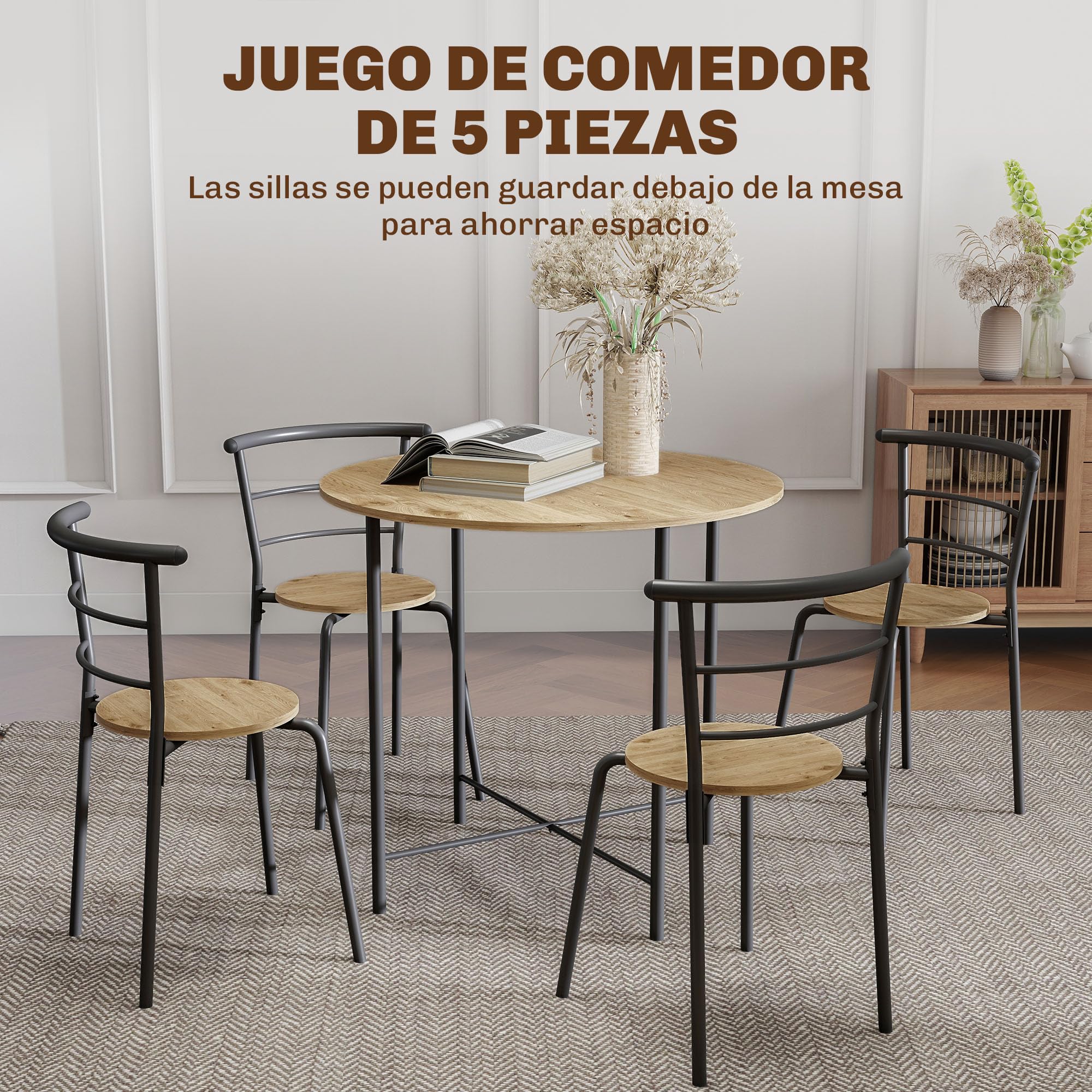 HOMCOM Dining Table and Chairs Set, Round Kitchen Table with 4 Chairs, Industrial Style, Metal Frame, for Small Spaces, Living Room, Natural — view 3