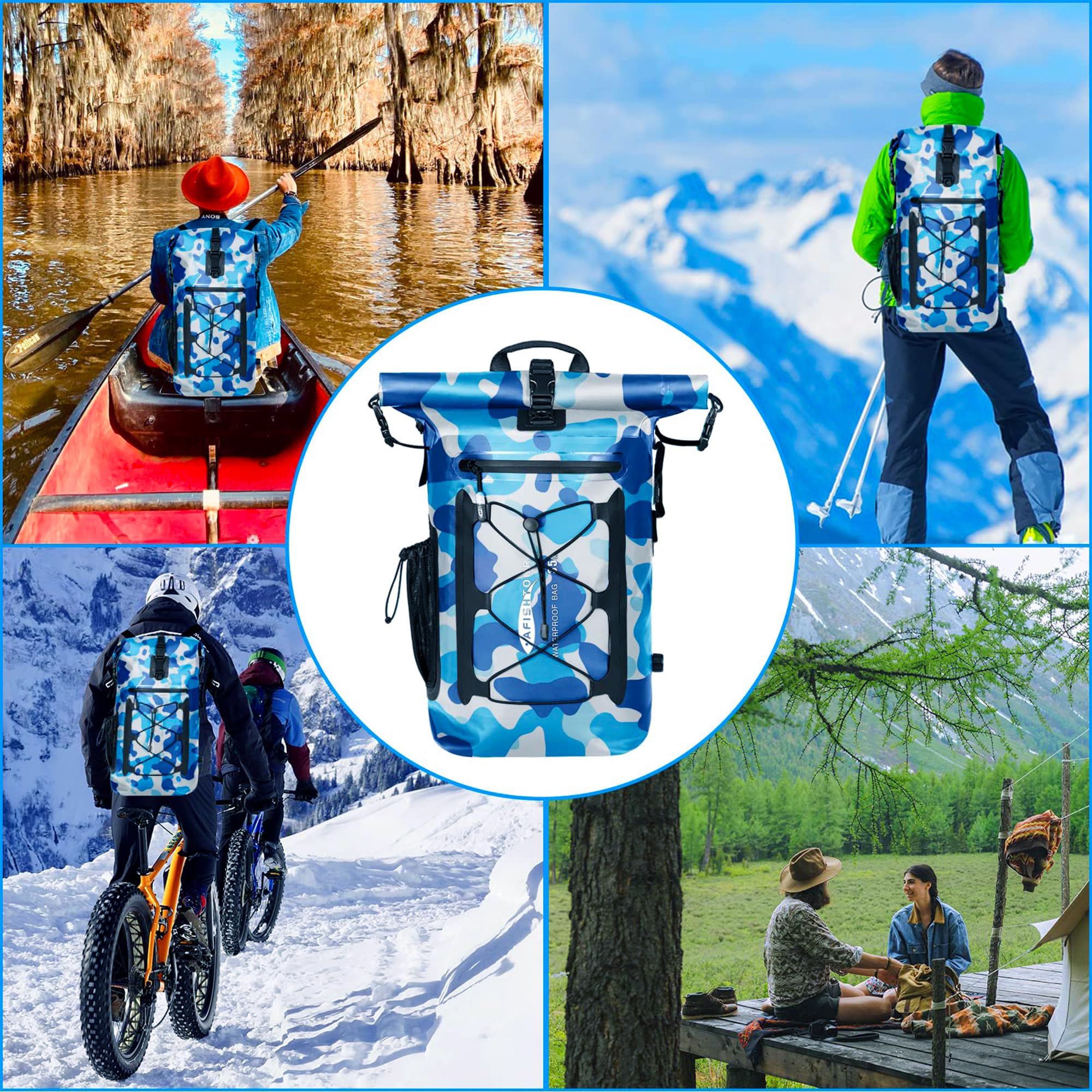Wytrzymały wodoodporny plecak na suchą torbę – 35 l, pływający plecak na motocykl, kajakarstwo, rafting, pływanie, kemping, piesze wycieczki, wędkowanie, NIEBIESKI, 35L, Retro