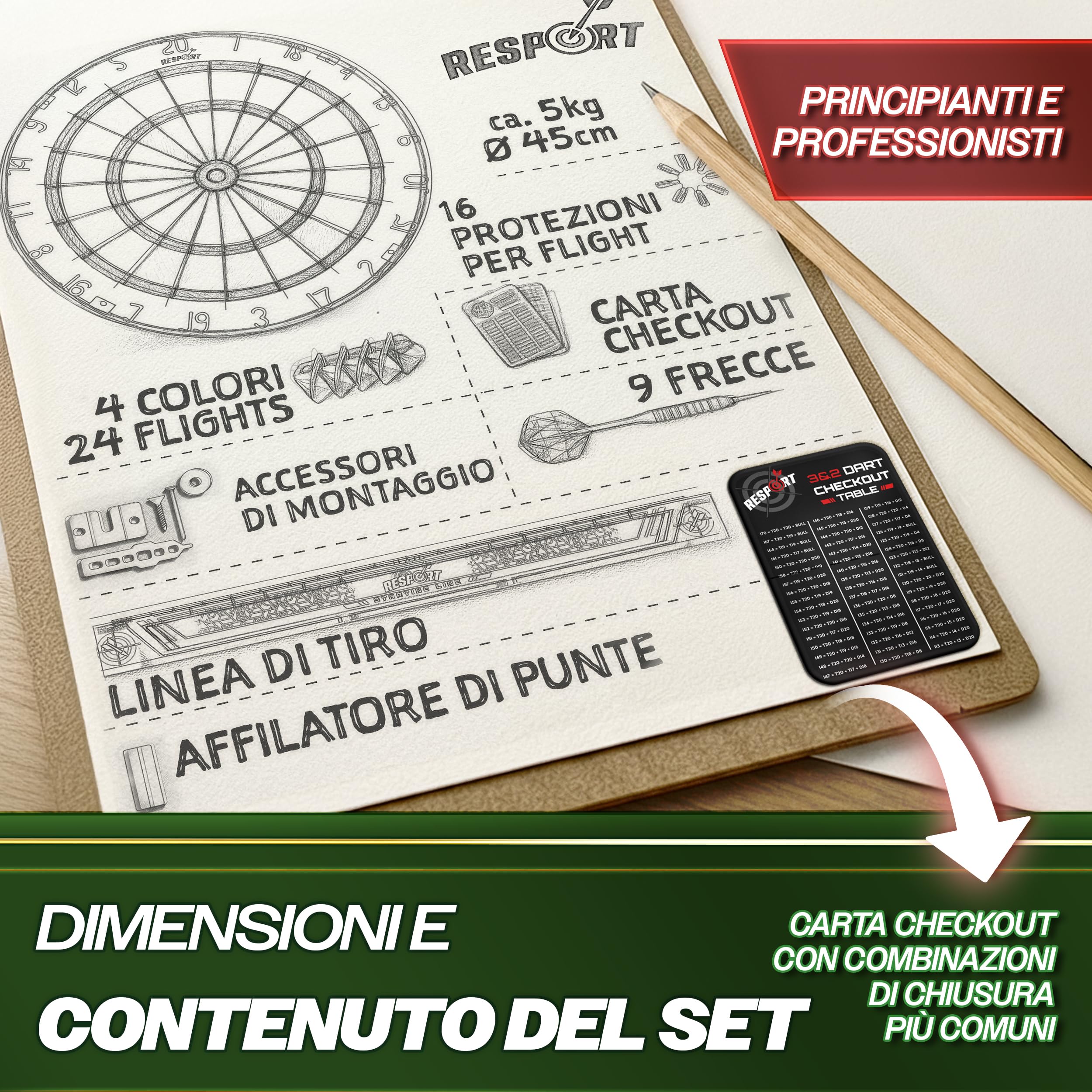 RE:SPORT® Bersaglio per freccette XXL in Sisal, set con 9 freccette professionali + accessori
