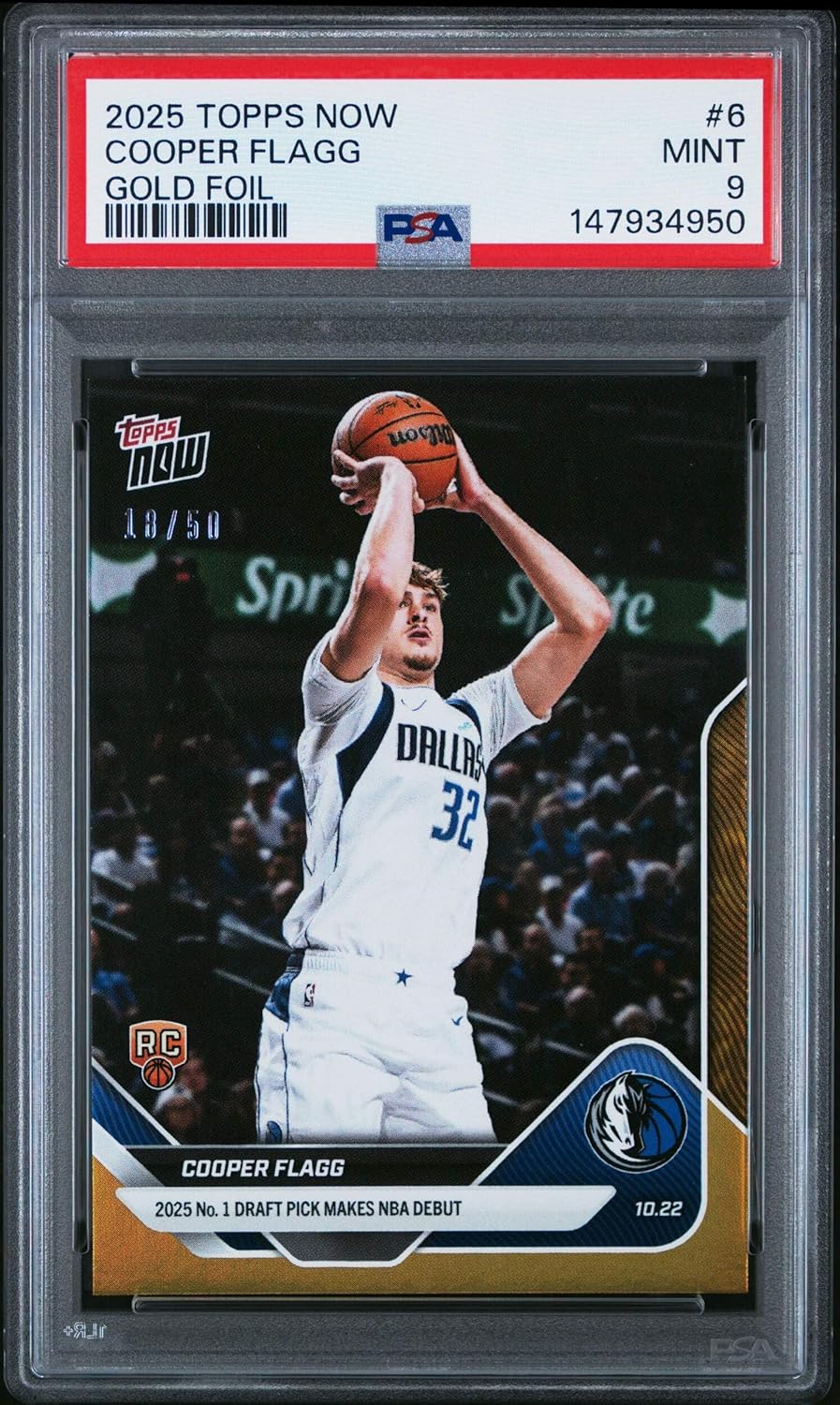 Graded 2025 Topps Now Cooper Flagg #6 Gold Foil /50 Rookie RC Basketball Card PSA 9 Mint