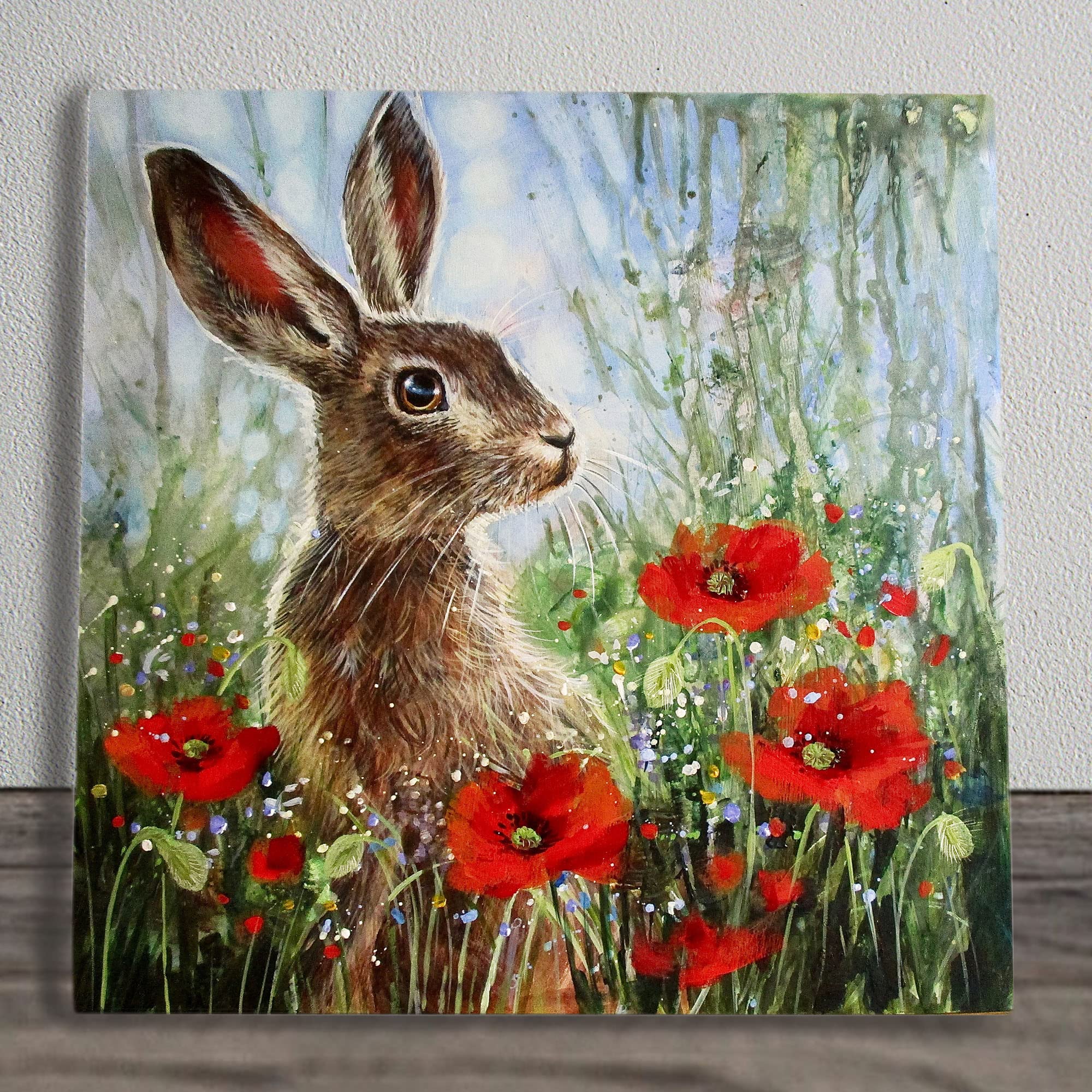 Poppy Hare Ceramic Picture Tile Artwork By Judith Yates Hanging Wall Art Home Décor, Red, Green, Blue, 20L x 20W cm
