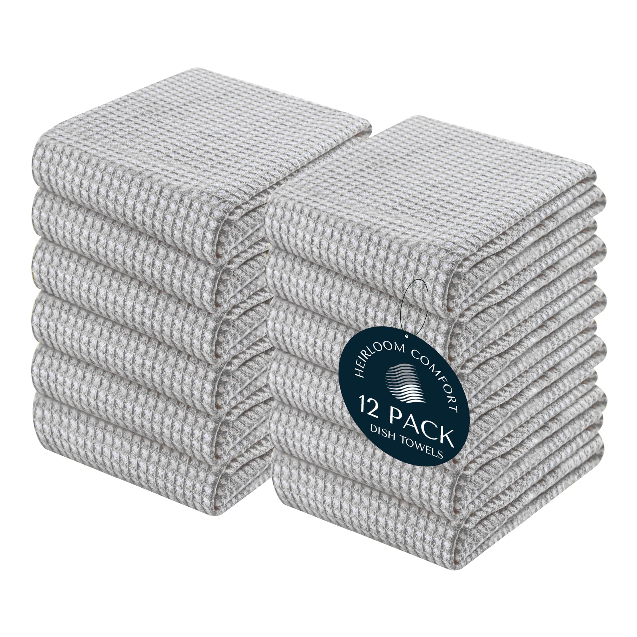 HEIRLOOM COMFORT 12 Pack Dual Reversible Waffle Weave Kitchen Towels, 40x66 cm, 100% Cotton, Absorbent Dishcloth Set, Quick Dry, Soft for Cleaning, Wiping, Hand Towels, Dish Rags, Durable, Ash Grey