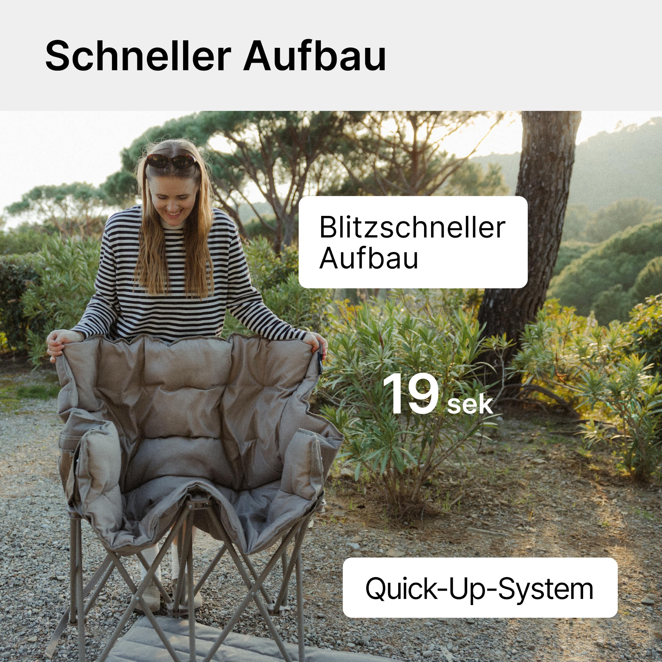 qeedo Johnny Cozy Faltbarer Campingbank gepolstert mit Cozy Bezug – Sofa-Feeling für 2 Personen – Rucksack-Packtasche – bis 300 kg belastbar