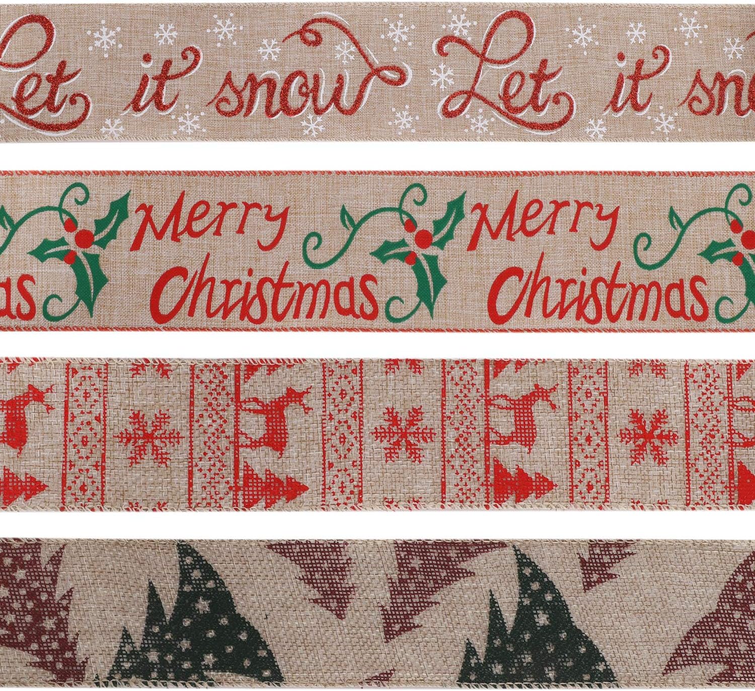 Merry Christmas Ribbon Christmas Tree Burlap Ribbon for Gift Wrapping DIY Craft Vintage Christmas Wired Burlap Ribbon Xmas Party Ornaments Christmas Linen Plaid Wired Edge Ribbon 2.5 Inch x 9 Yards