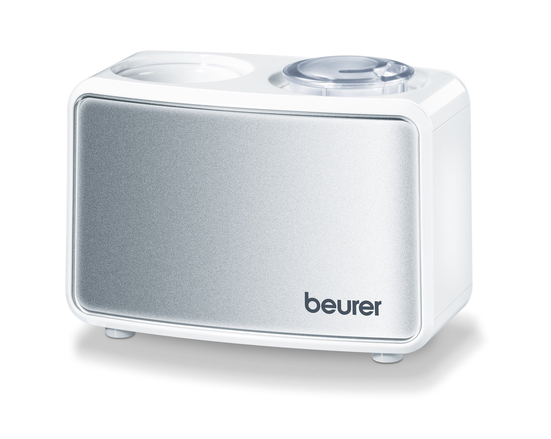 All components included with the Beurer LB12 Mini Air Humidifier: main unit, power adapter, water bottle adapter, and cleaning brush.