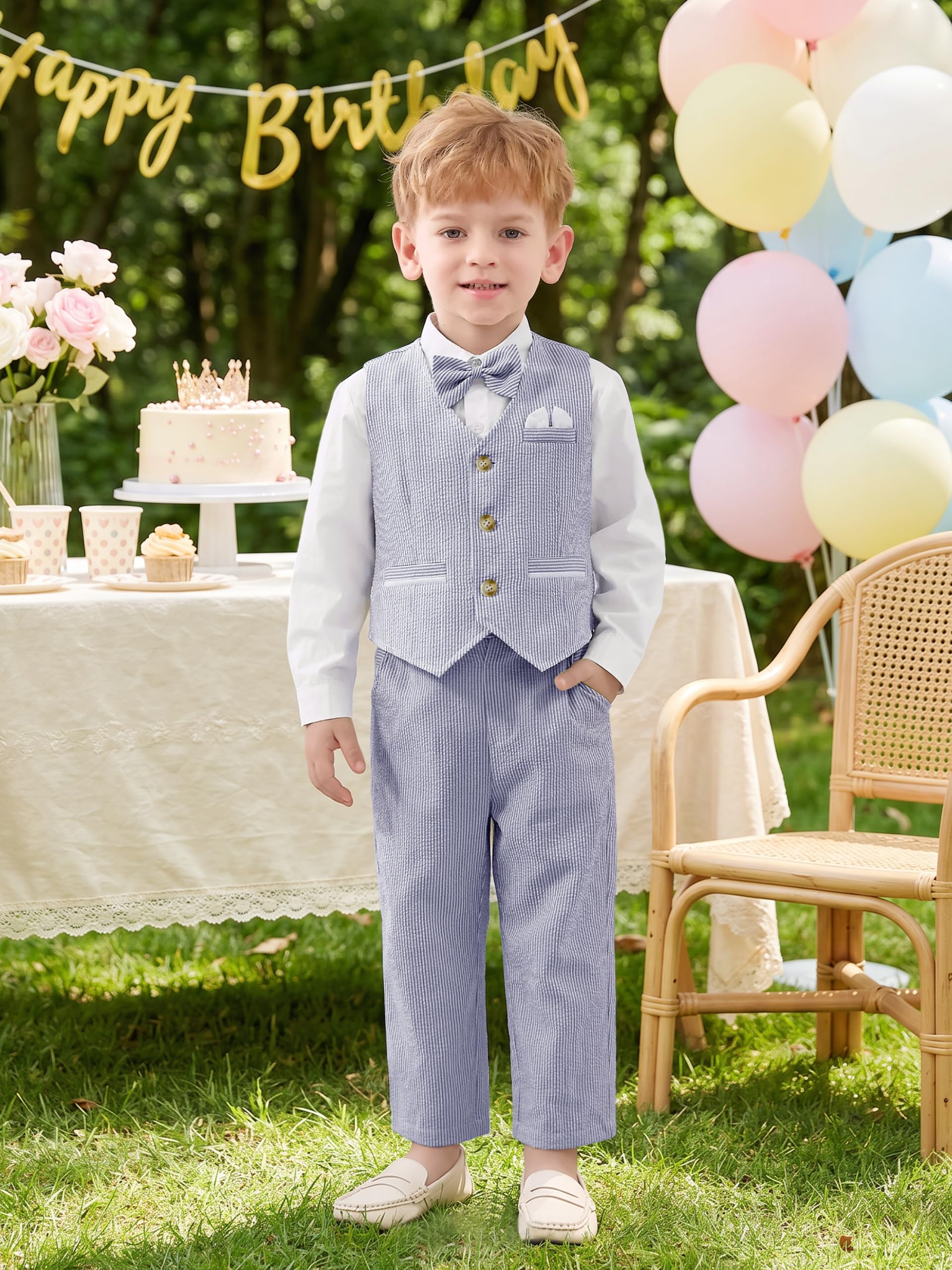 Volunboy Conjunto de Ceremonia para Niños Bebé, Traje de Boda 5 Piezas con Chaleco + Camisa + Pantalón + Fiorecillo + Pajarita