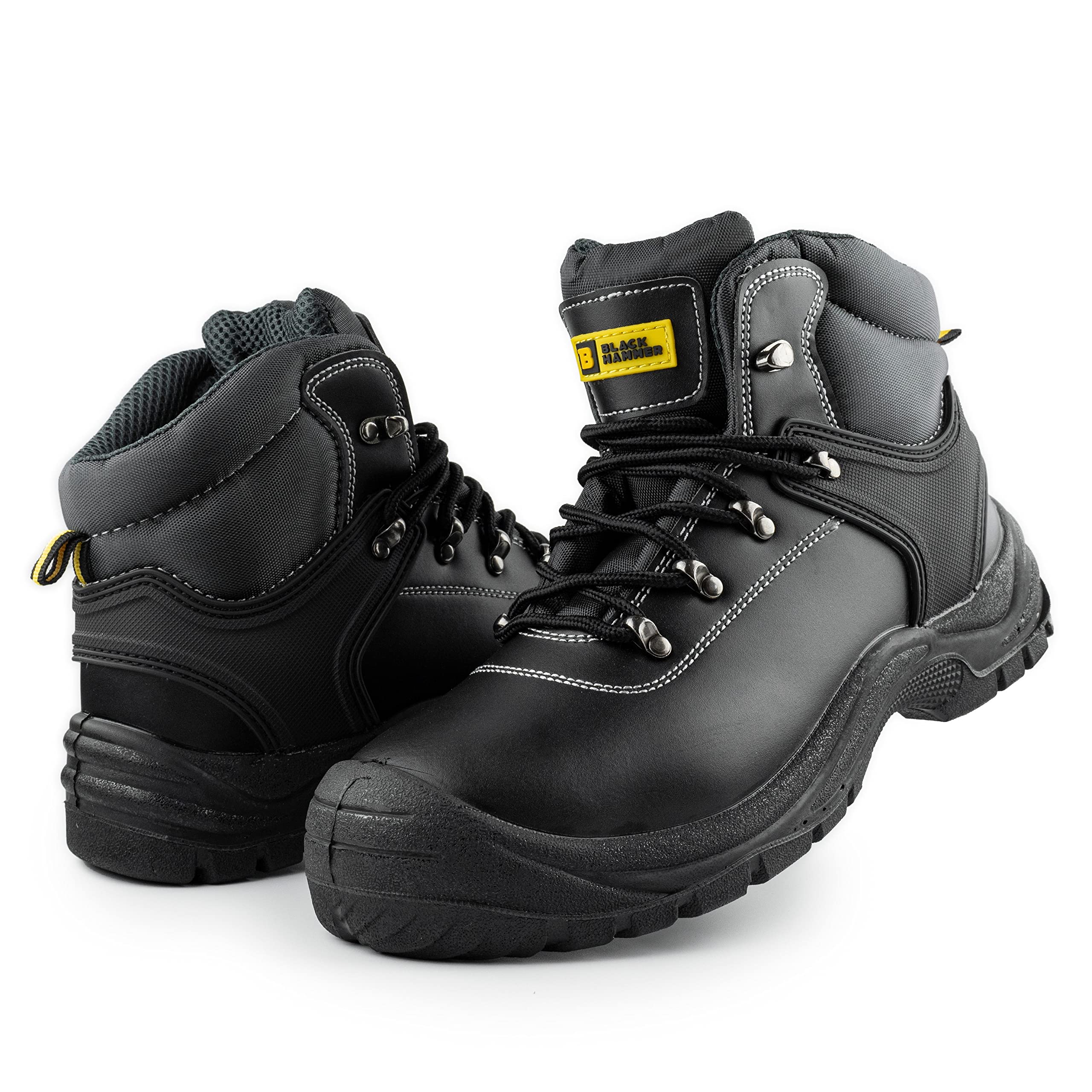 BLACK HAMMER Botas de seguridad con puntera de acero hombre Calzado de trabajo de cuero resistente y ligero S3 SRC 1700 Negro (43 EU)