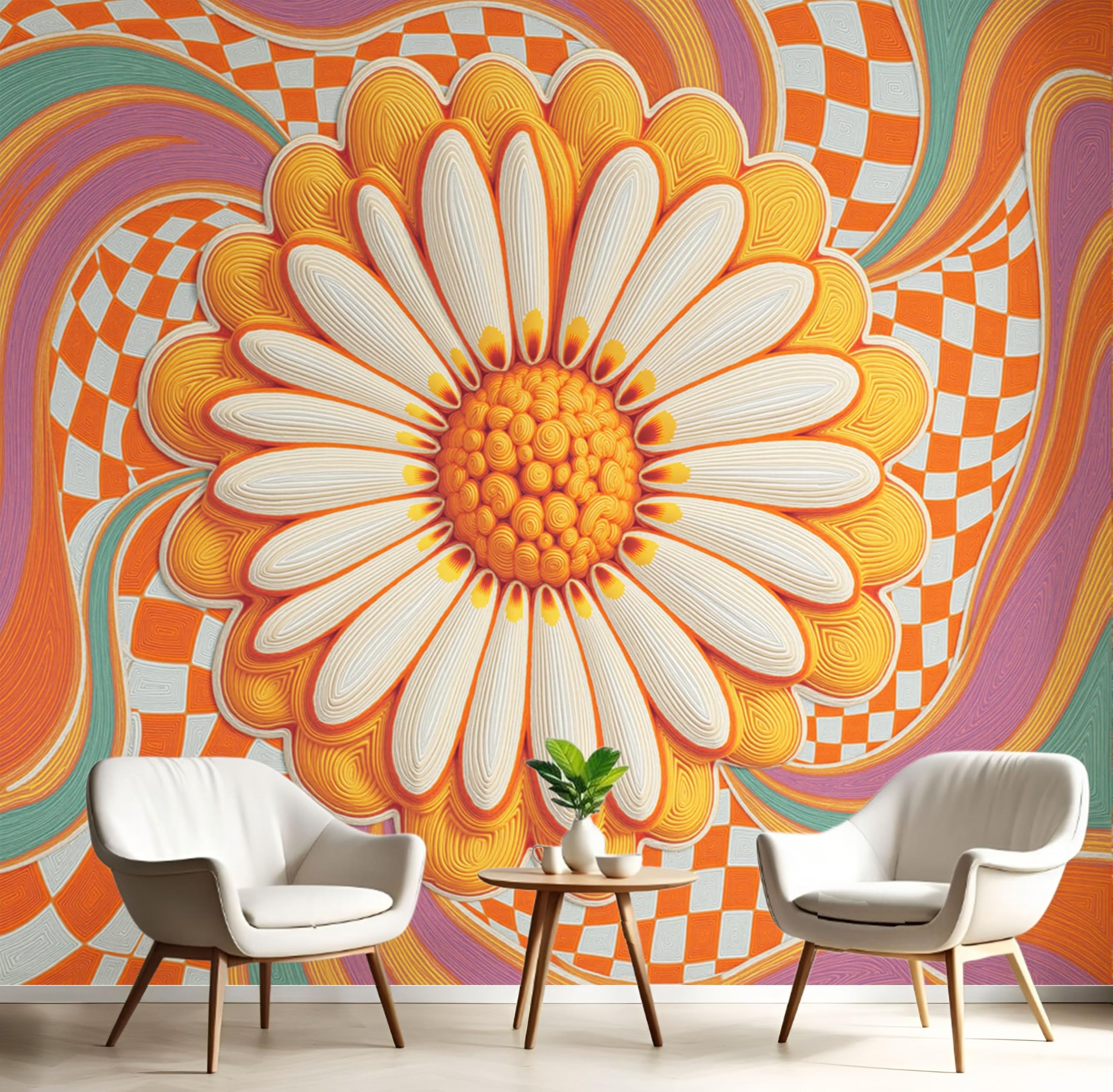 Papier peint panoramique 3D marguerite orange 250x175 cm pour décoration murale salon