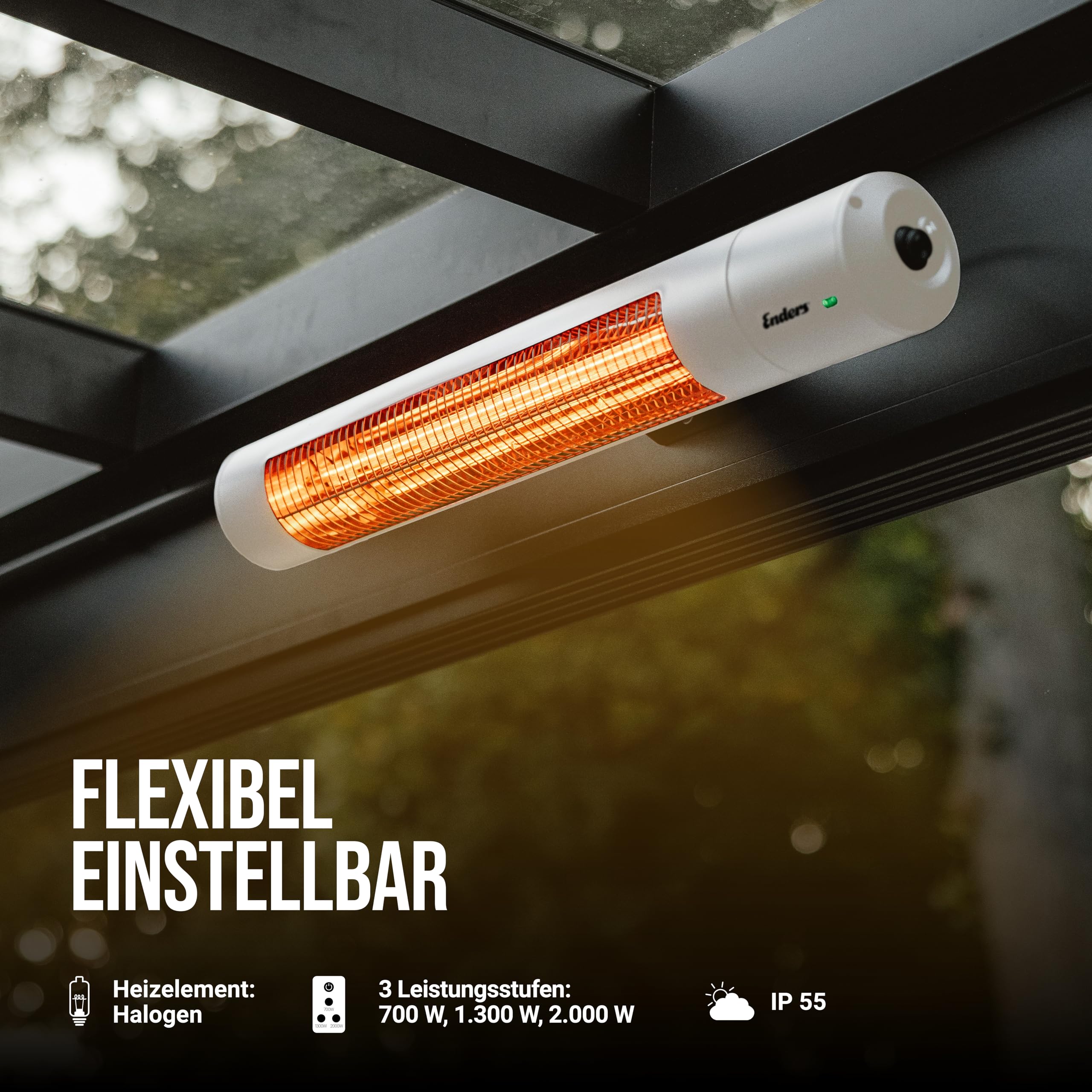 Enders Wandheizstrahler Oxeo White, Elektrostrahler, Heizpilz, Halogenstrahler, Infrarot-Strahlungswärme, 3 Leistungseinstellungen bis 2.000 W, Fernbedienung und Wandhalterung, Neigungswinkel #49286