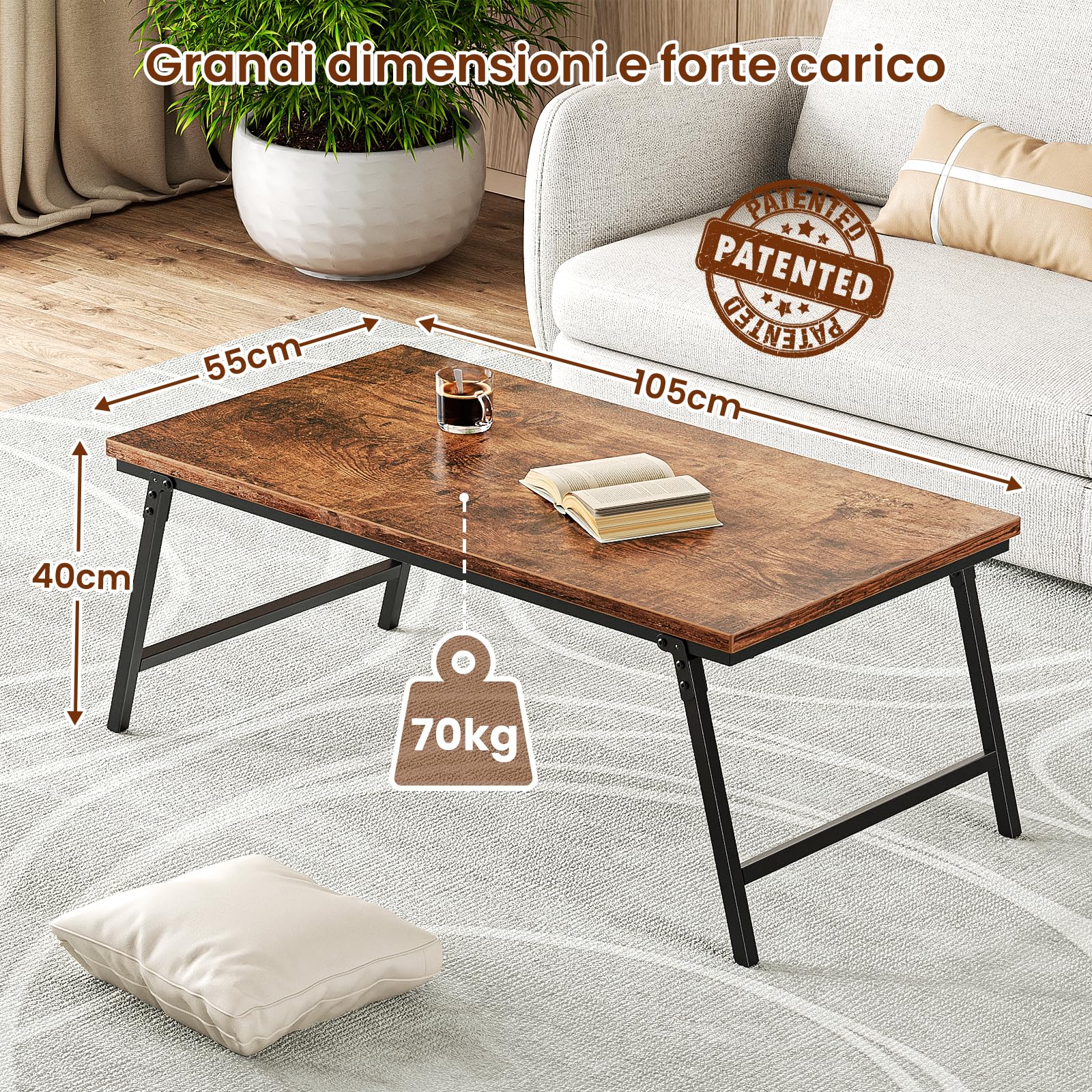 Tavolino Salotto, Tavolino Pieghevole, Design con Fibbia per Gamba del Tavolo, Nessun Montaggio Richiesto, Adatto per Soggiorno,105 x 55 x 40 cm
