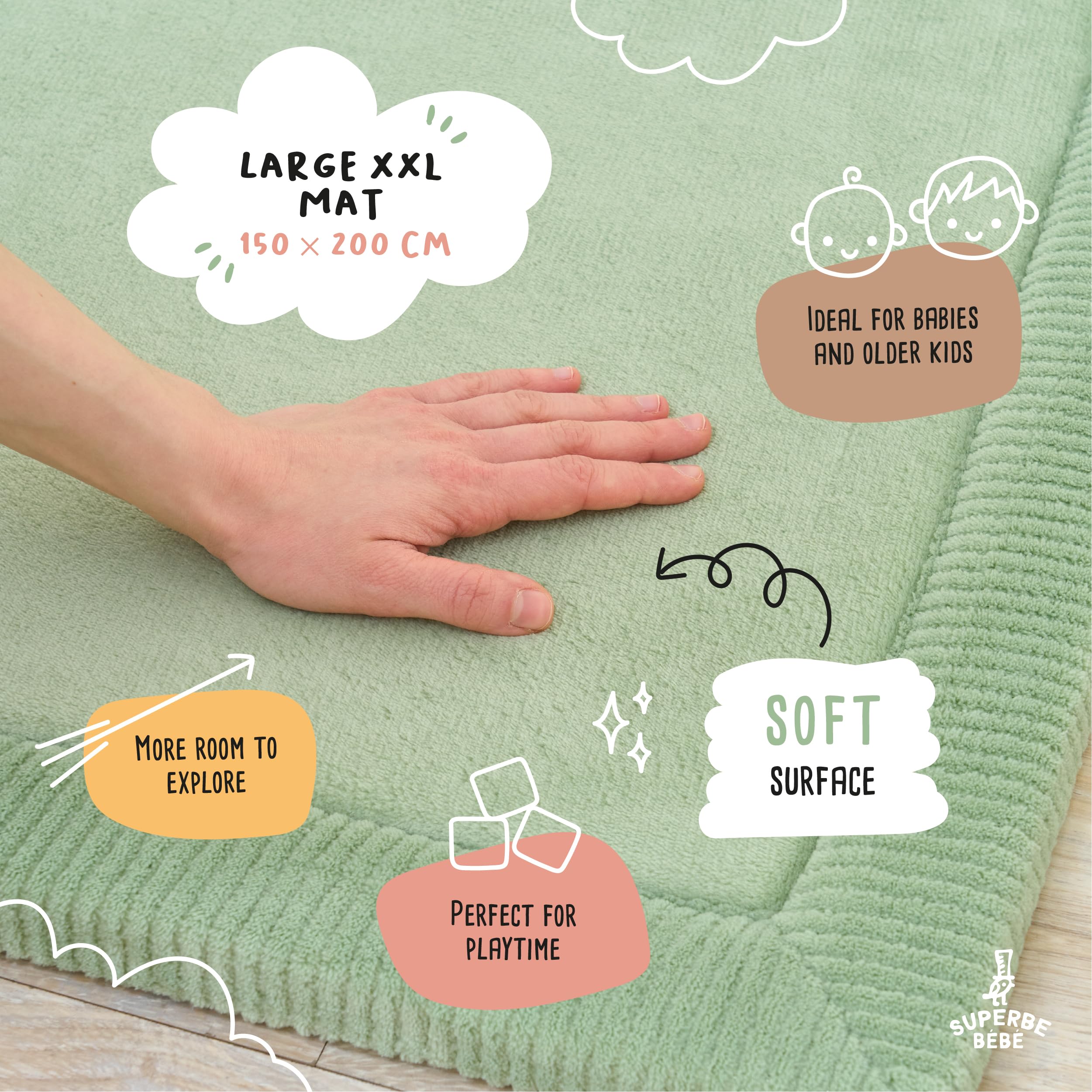 SUPERBE BEBE - Baby Speel - Kruipmat 150 × 200 × 2,5 cm - Dik a Schoka Absorpcja - Niet-toksyczna pianka z pamięcią z certyfikatem Oeko-Tex - Speelmat voor Baby- en Kinderkamer - Elegancki design