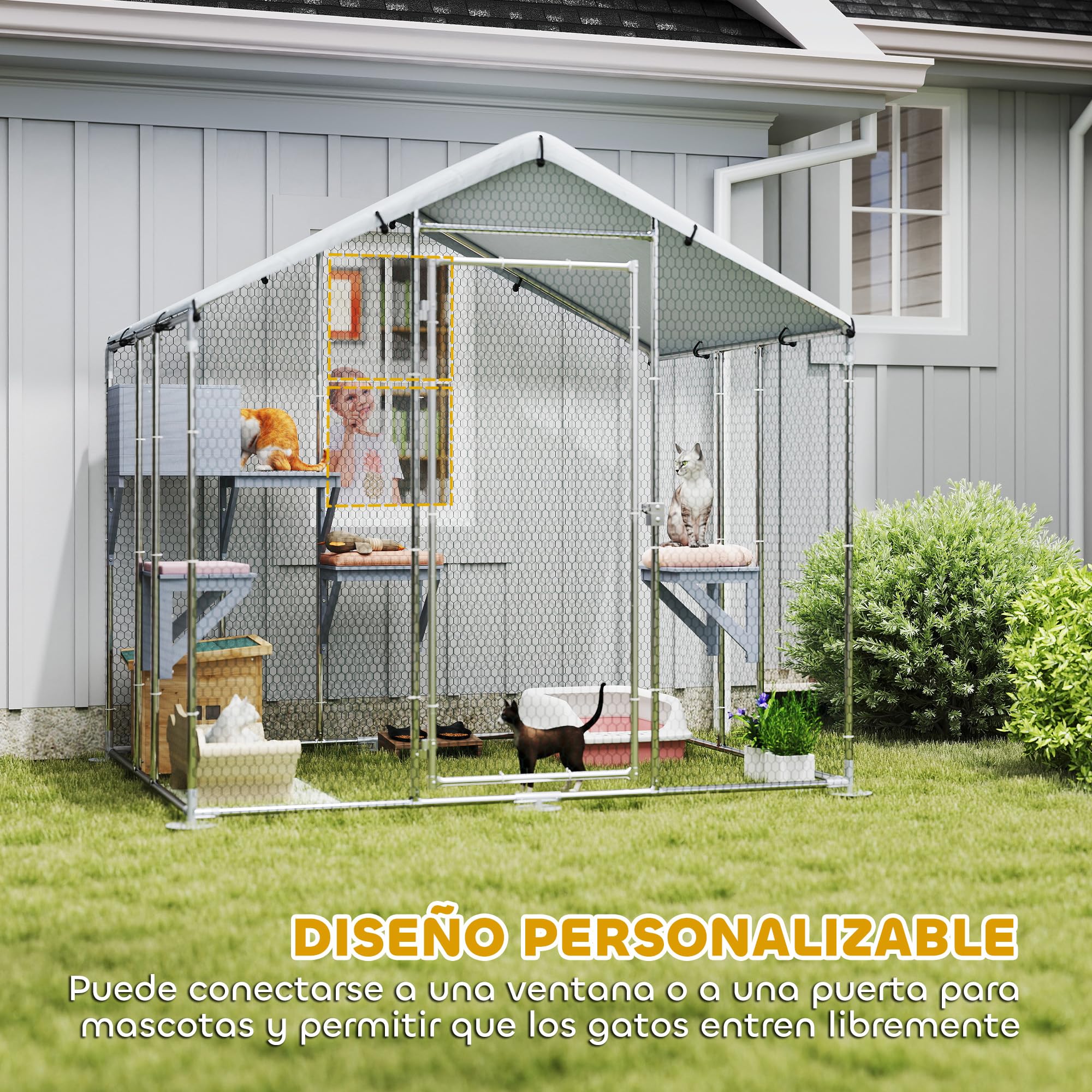 PawHut Jaula Grande para Gatos Exterior, Recinto para Gatos con 1 Casita, 3 Plataformas para Saltar, Cubierta Impermeable y Anti-UV, Parque para 5 Gatitos, Conejos, 200x170x195 cm, Plata