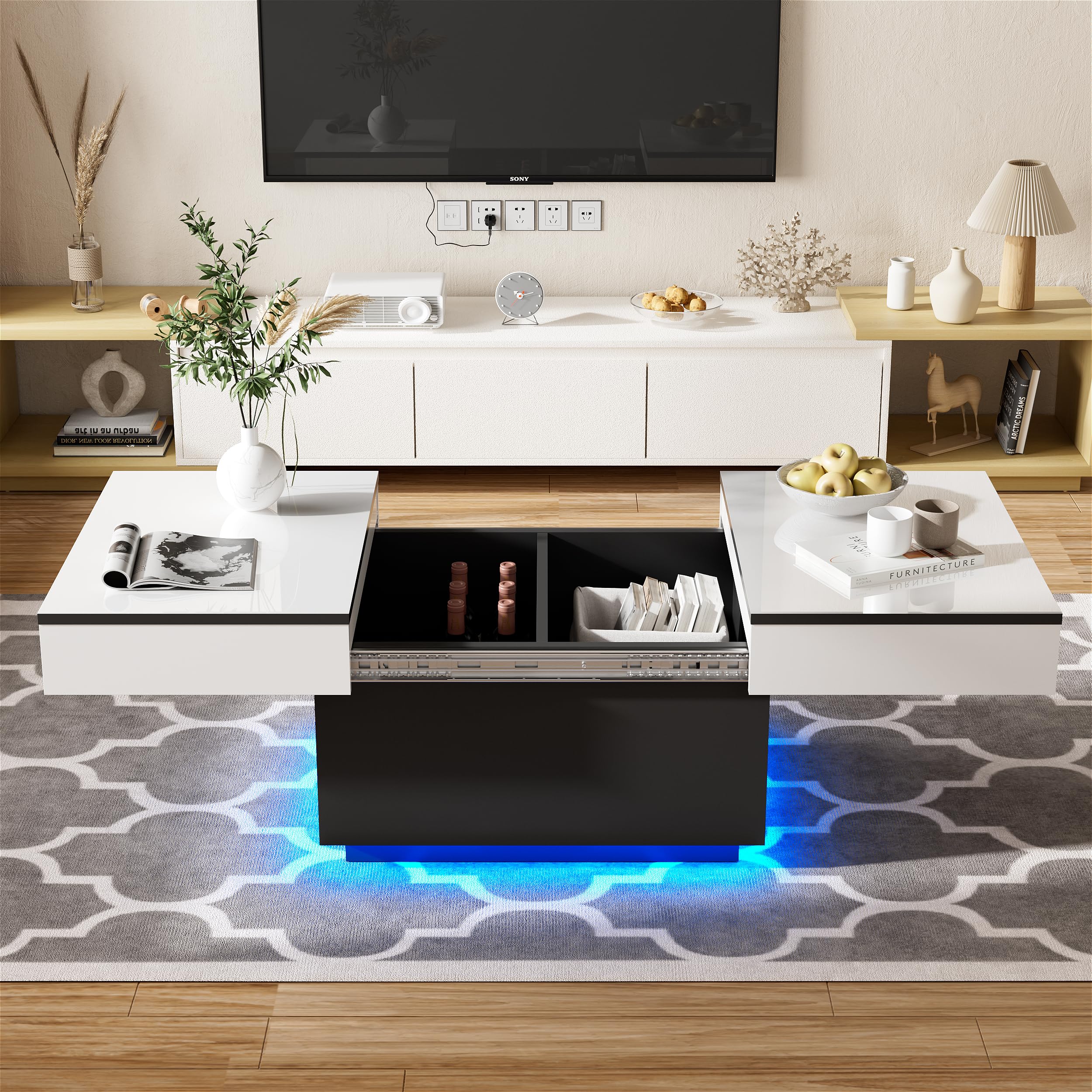 MSFE Table Basse LED Coulissante pour Salon avec 20 Couleurs de Lumières, 2 Espaces de Rangement, Finition Haute Brillance, 80 * 58 * 40 cm