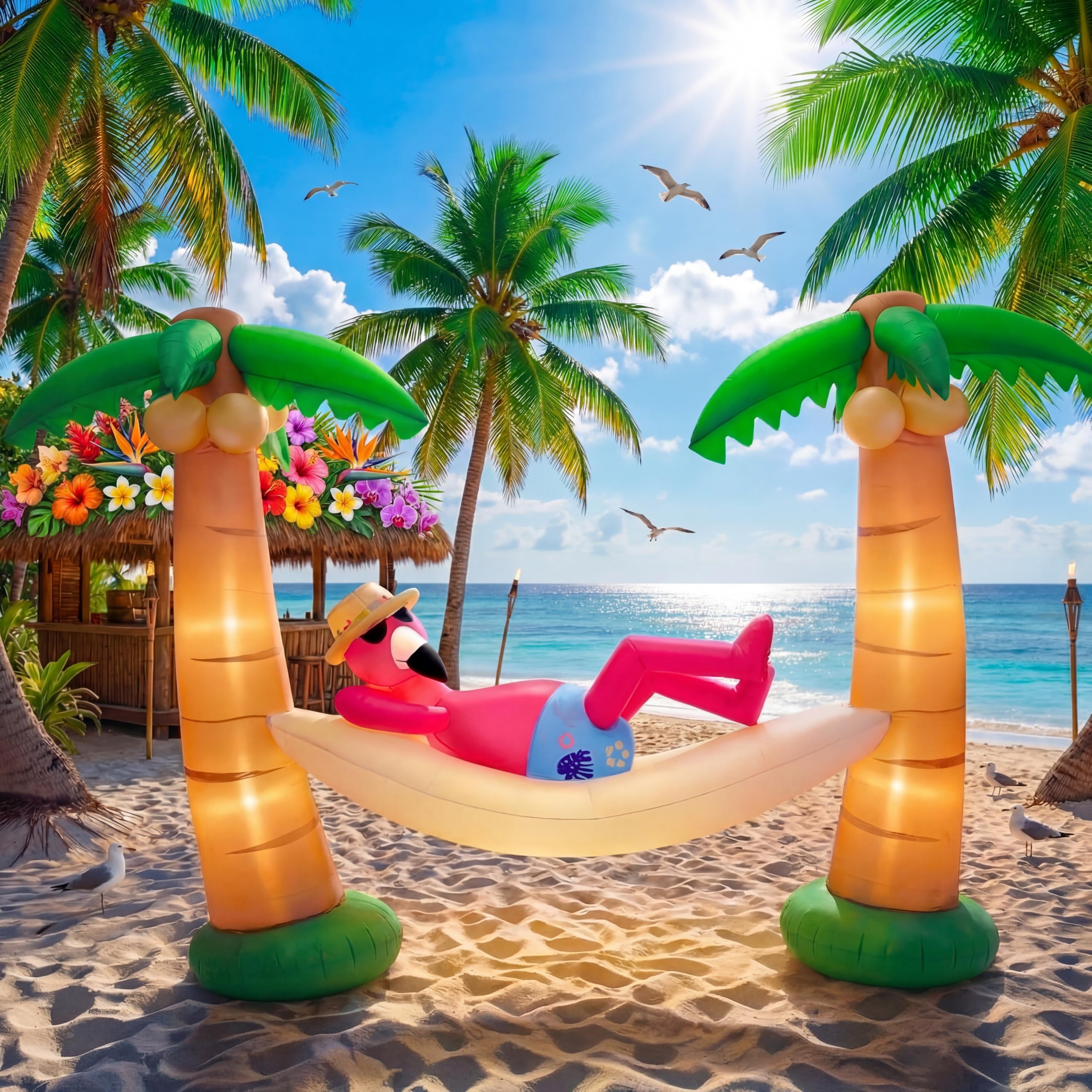 Photo 1 of Summer Inflatable Outdoor Decor Flamingo in Hammock with Palm Trees 5 ft LED Lighted Inflatable Palm Trees Blow up Flamingo for Luau Hawaiian Tropical Jungle Party Pool Beach Yard Lawn Decoration