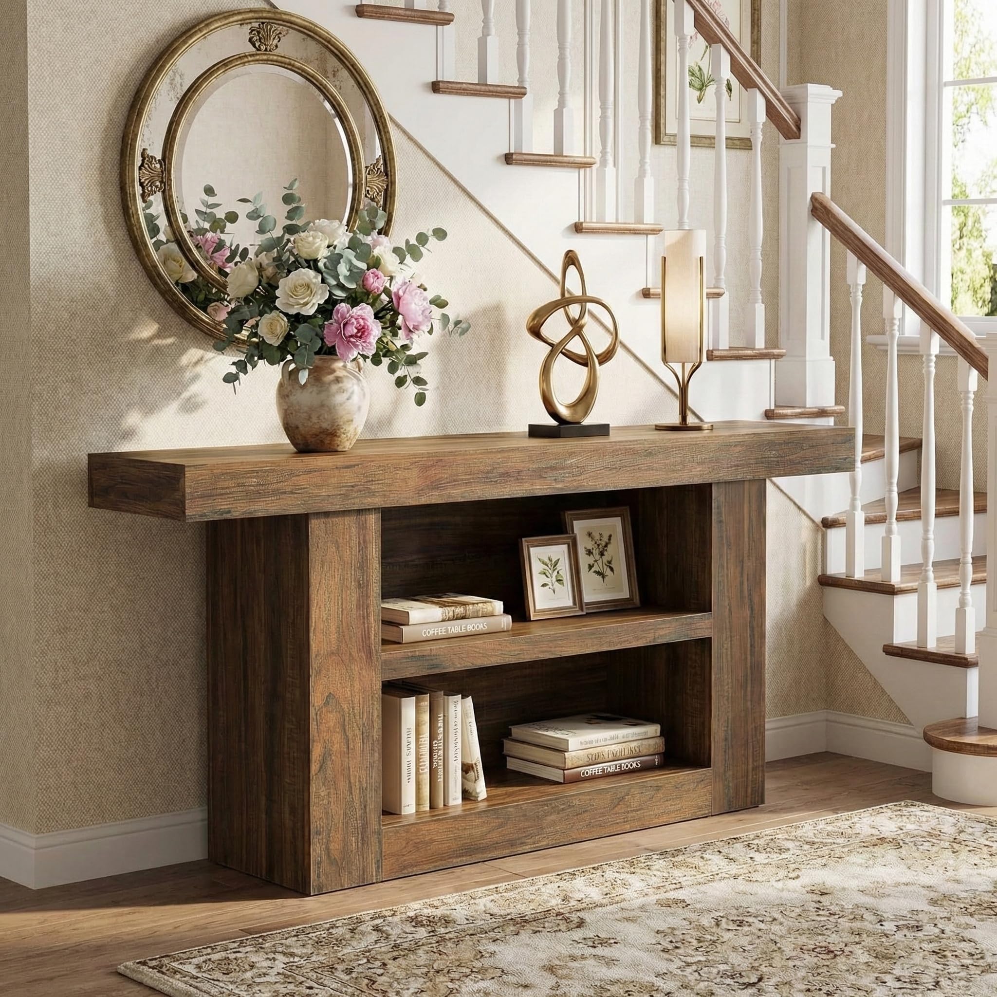 Lailang 160cm Mesa de Entrada, Mueble Pasillo Estrecho, Recibidor Entrada con Estante, Consola Recibidor Madera, Muebles Auxiliares de Salon, Recibidores Modernos, 160 x 8 x 20 cm, Brown