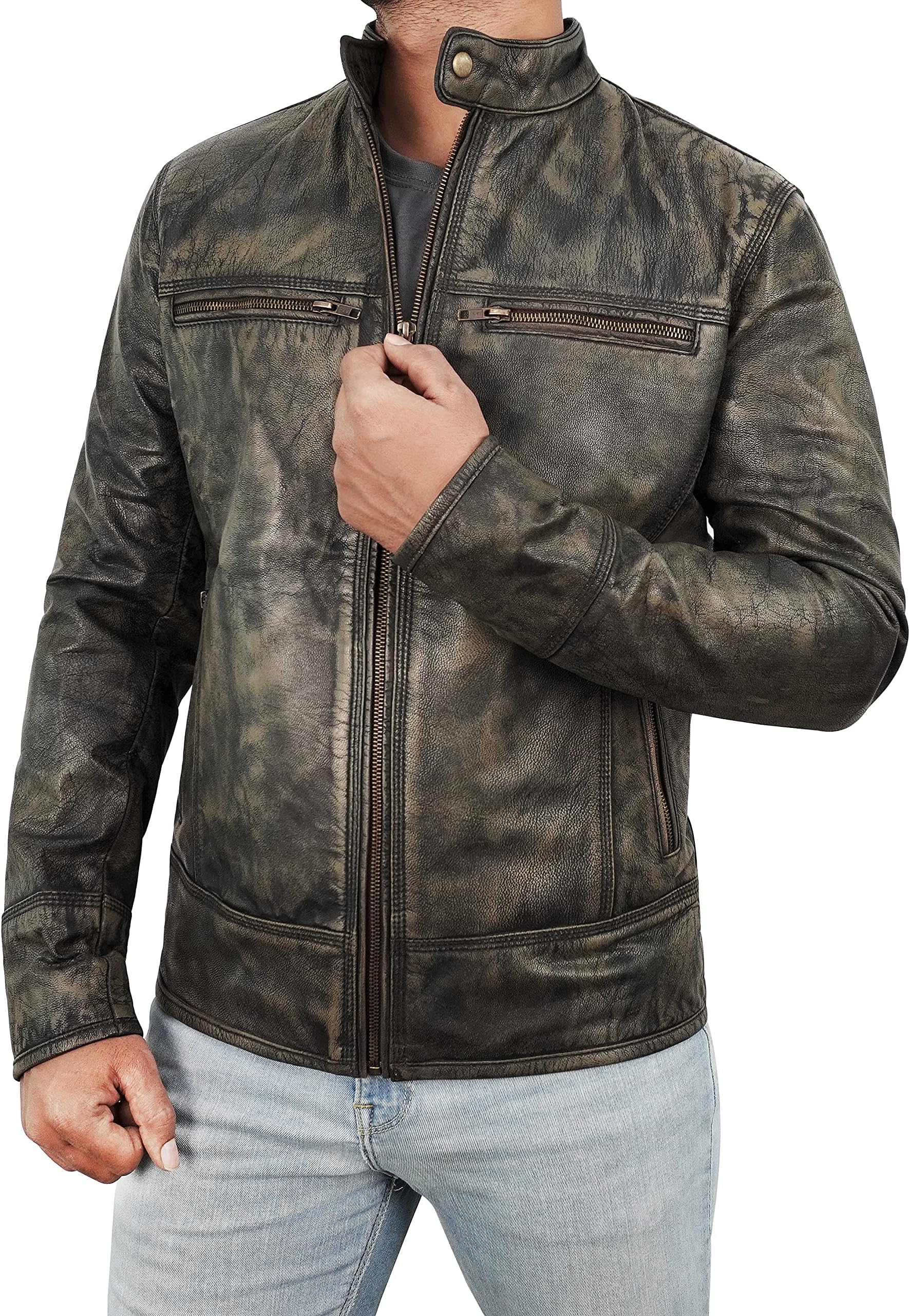 Fashion_First Mens Cafe Racer Brown Leather Distressed Motorcycle jacket Triple Stitch Vintage Leather Jacket Wax