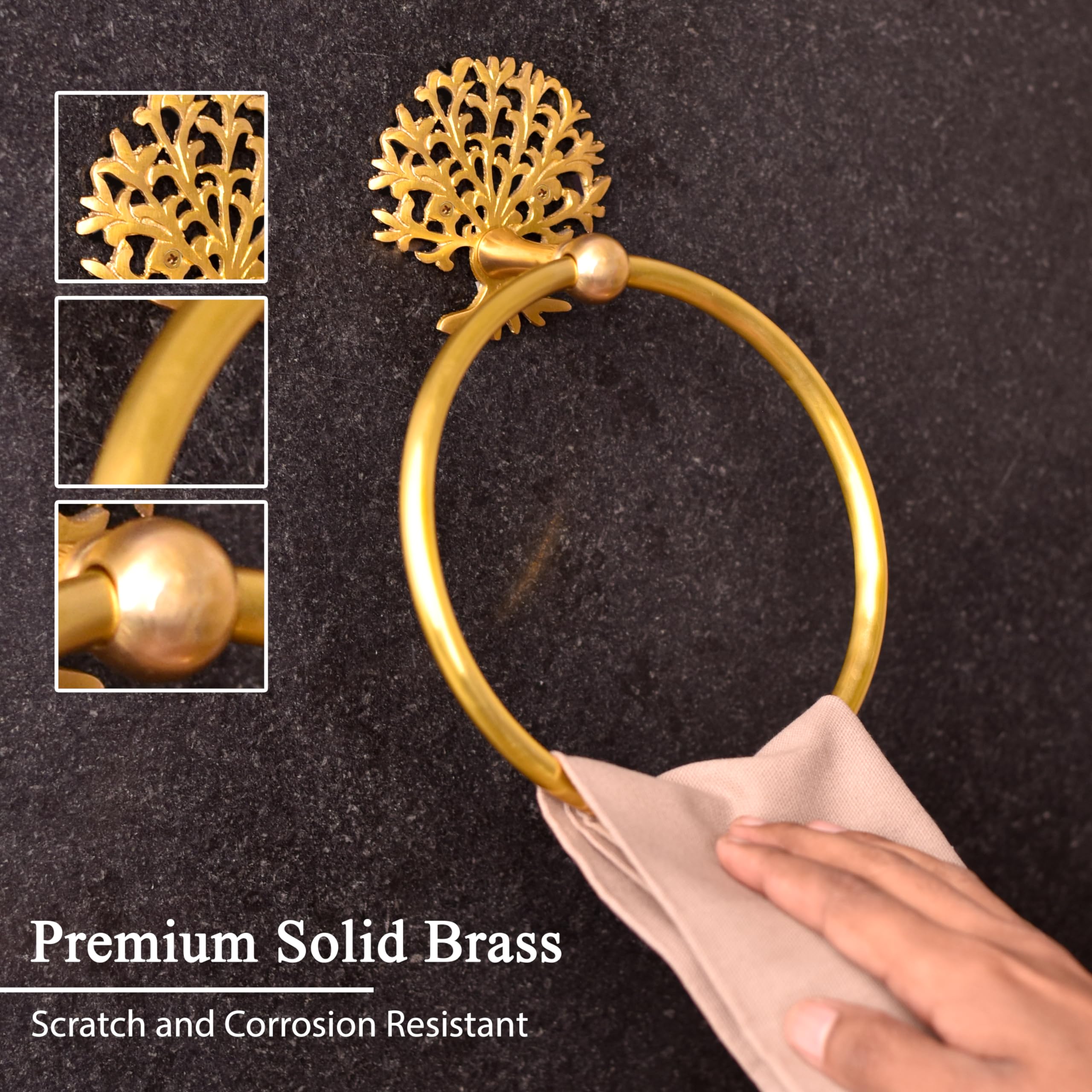 IndianShelf Premium 2 Pieces Tree Brass Towel Ring- Antique Gold Towel Ring- Gold Hand Towel Holder for Bathroom- Tree Bathroom Towel Hook- Vintage Wall Hooks- Decorative Wall Mounted Hooks