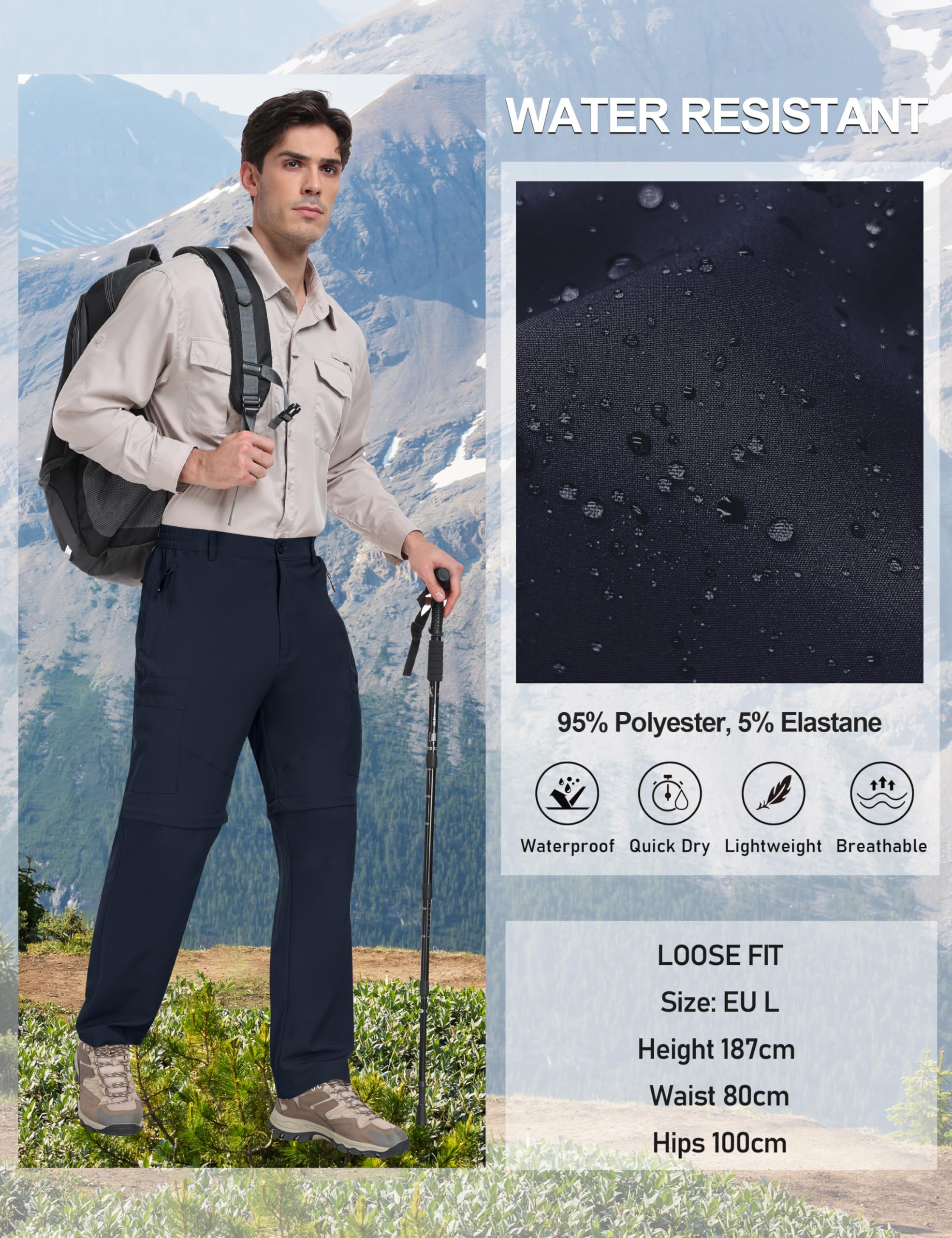 JINSHI Homme Pantalon Convertible Léger à Séchage Rapide Zip-Off Pantalons Cargo Shorts de Randonnée Montagne avec 5 Poches Zippées
