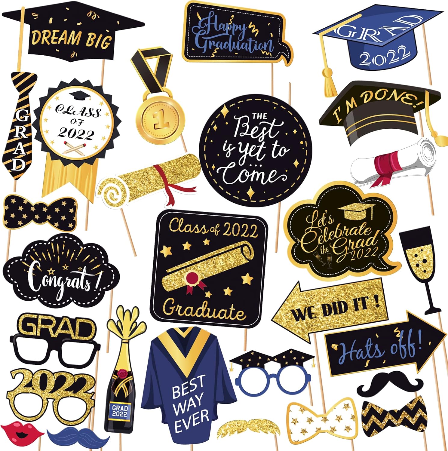 Gold Glitter Graduation Photo Props Pack of 28