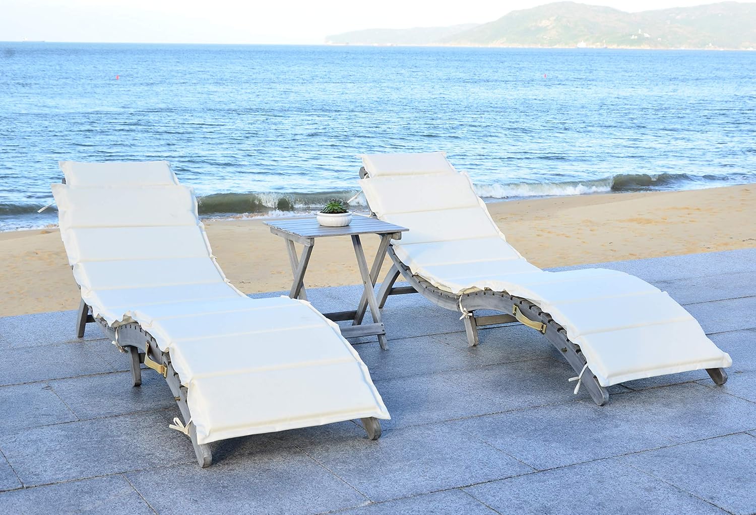 SAFAVIEH Outdoor Collection Pacifica Grey / Beige Cushion 3-Piece Chaise Lounge Set with Table