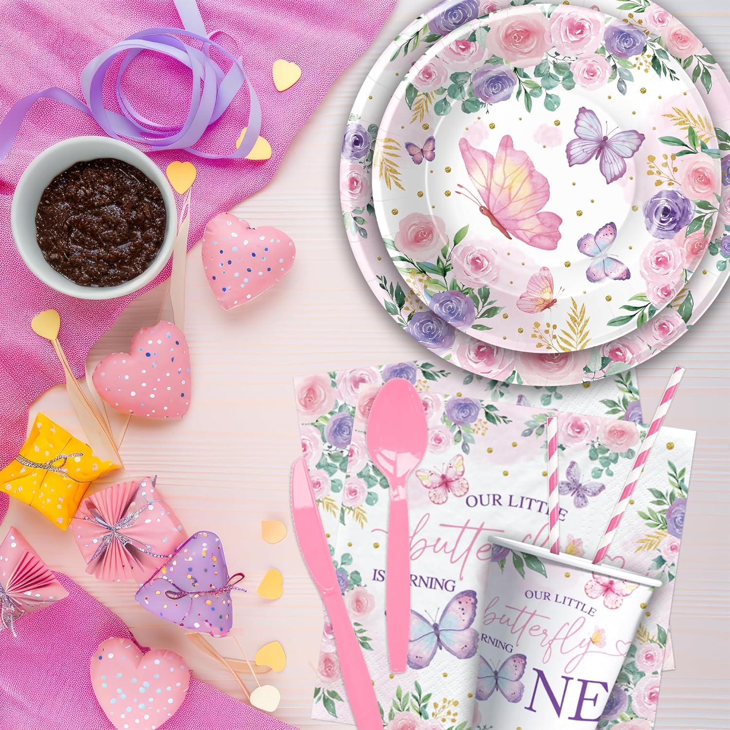 バタフライ ファーストバースデー プレートとナプキン パーティー用品 女の子 - バタフライ 1歳の誕生日デコレーション、プレート、