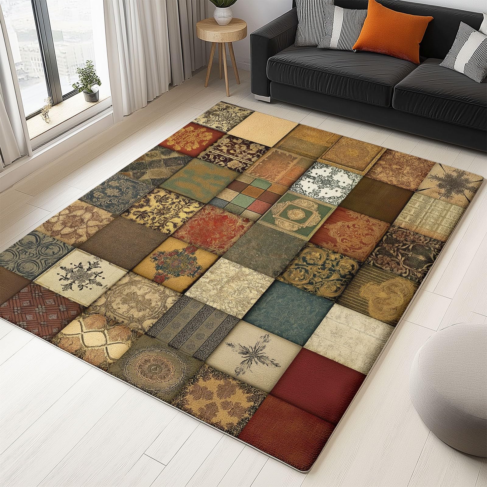 Bunter Patchwork Teppich 80 x 150 cm | Retro-Textur-Druck auf weichem Flanell Pflegeleichter, Rutschfester Bodenteppich, der eine nostalgisch-gemütliche Aura im Schlafzimmer verströmt