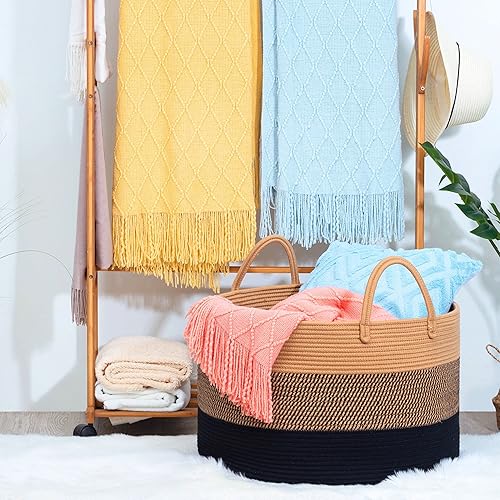 Miniatura 4 de MINTWOOD Design Cesta de manta extra grande de 22 x 14 pulgadas, cesta de lavandería tejida, cestas de almacenamiento de juguetes, cesta decorativa