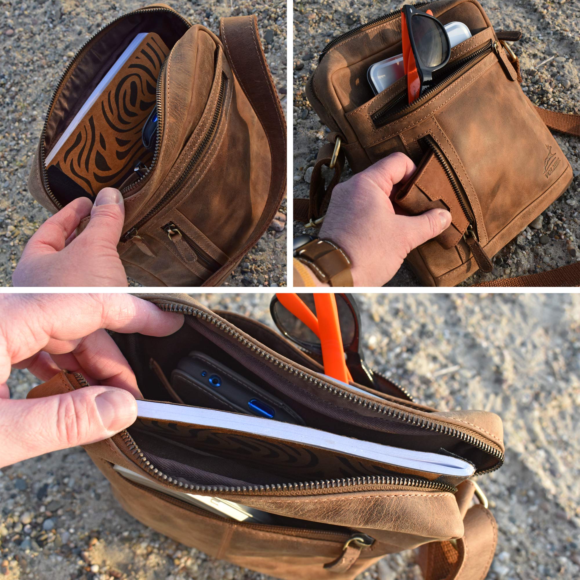 Fa.Volmer® Lederhandtasche | 100% echter Leder | Schulter- und Reisetasche für Männer und Frauen - Dettaglio
