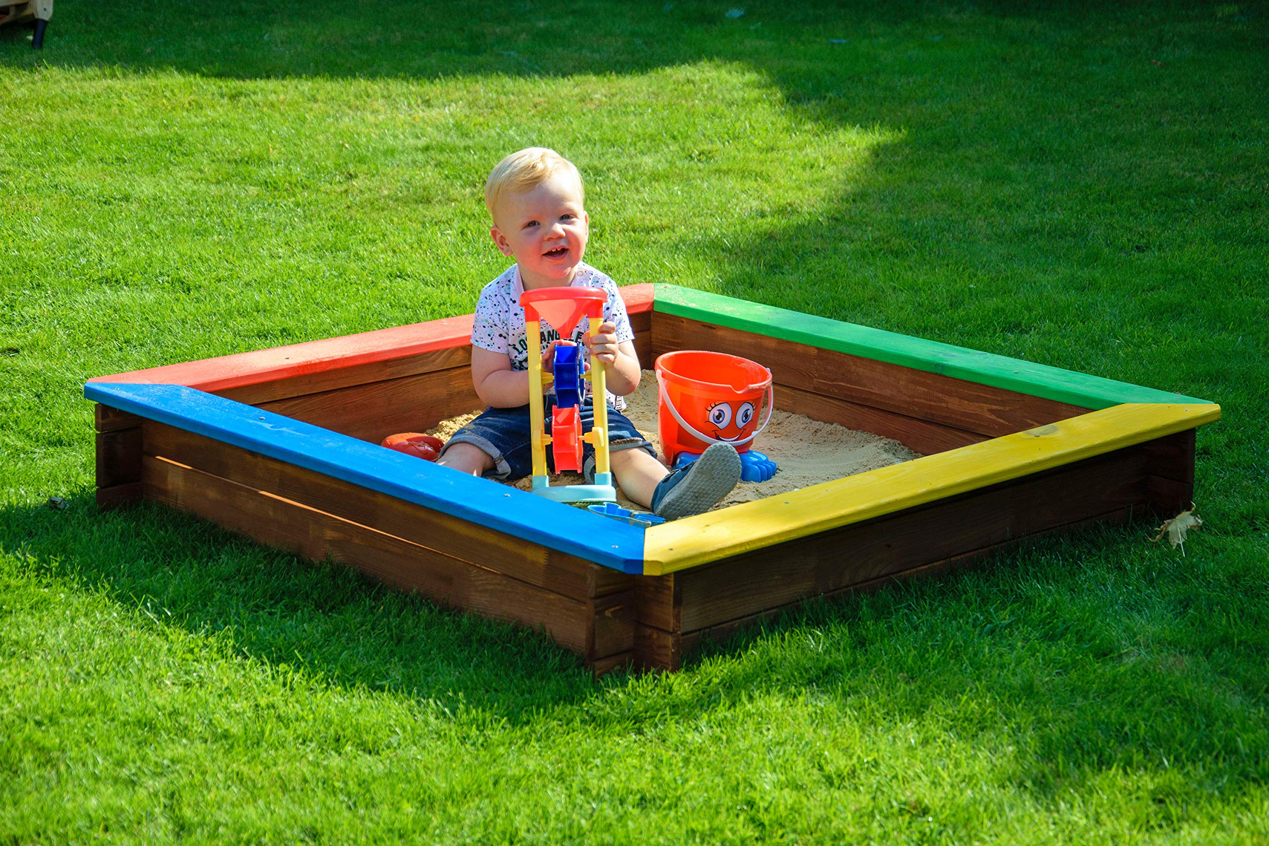 dobar® green label quadratischer Sandkasten | Bunte Sandkiste Holz ohne Dach | Klassischer Kinder-Sandbox aus massivem Vollholz | 117 x 117 x 18 cm | 5-farbig