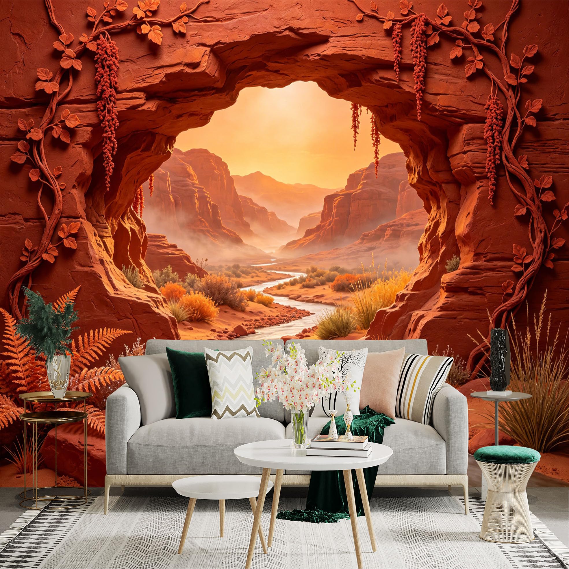 Custom Size Wall Sticker Mural， Red Canyon with River， Desert Sunset Landscape and Rocky Arch， for wall Decoration， peelandstick wall Decals.