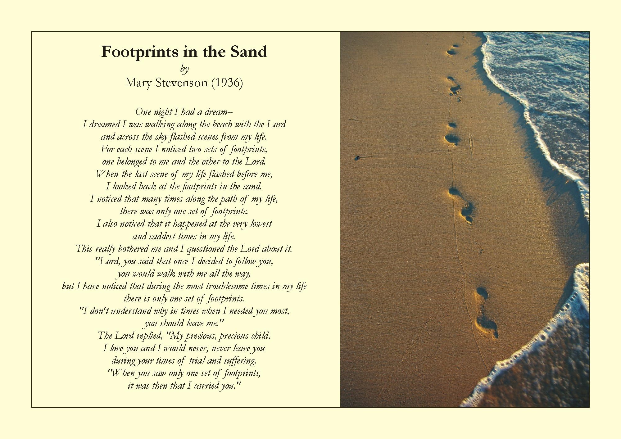 Prayers: Footprints in The Sand by Mary Stevenson 1936