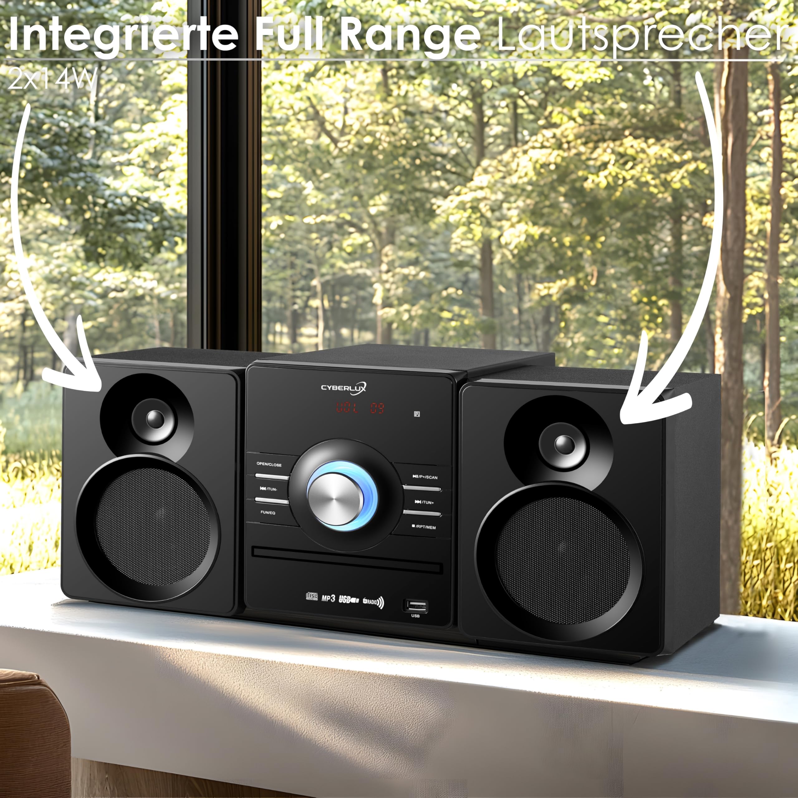 Sistema compacto HiFi estéreo Bluetooth | Mini cadena CD USB AUX FM 30 memorias LED