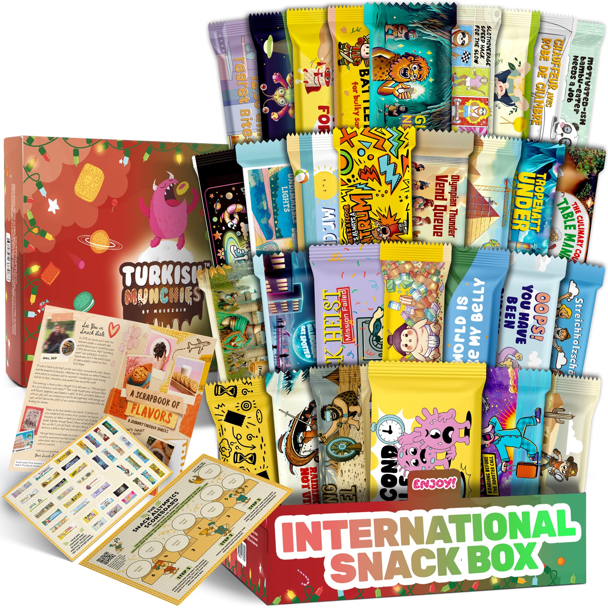 Maxi International Snack Box | Premium Exotic Foreign Snacks | Unique Snack Food Gifts Included | Celebration Theme | Candies from Around the World | 21 Full-Size + 1 Bonus Snacks