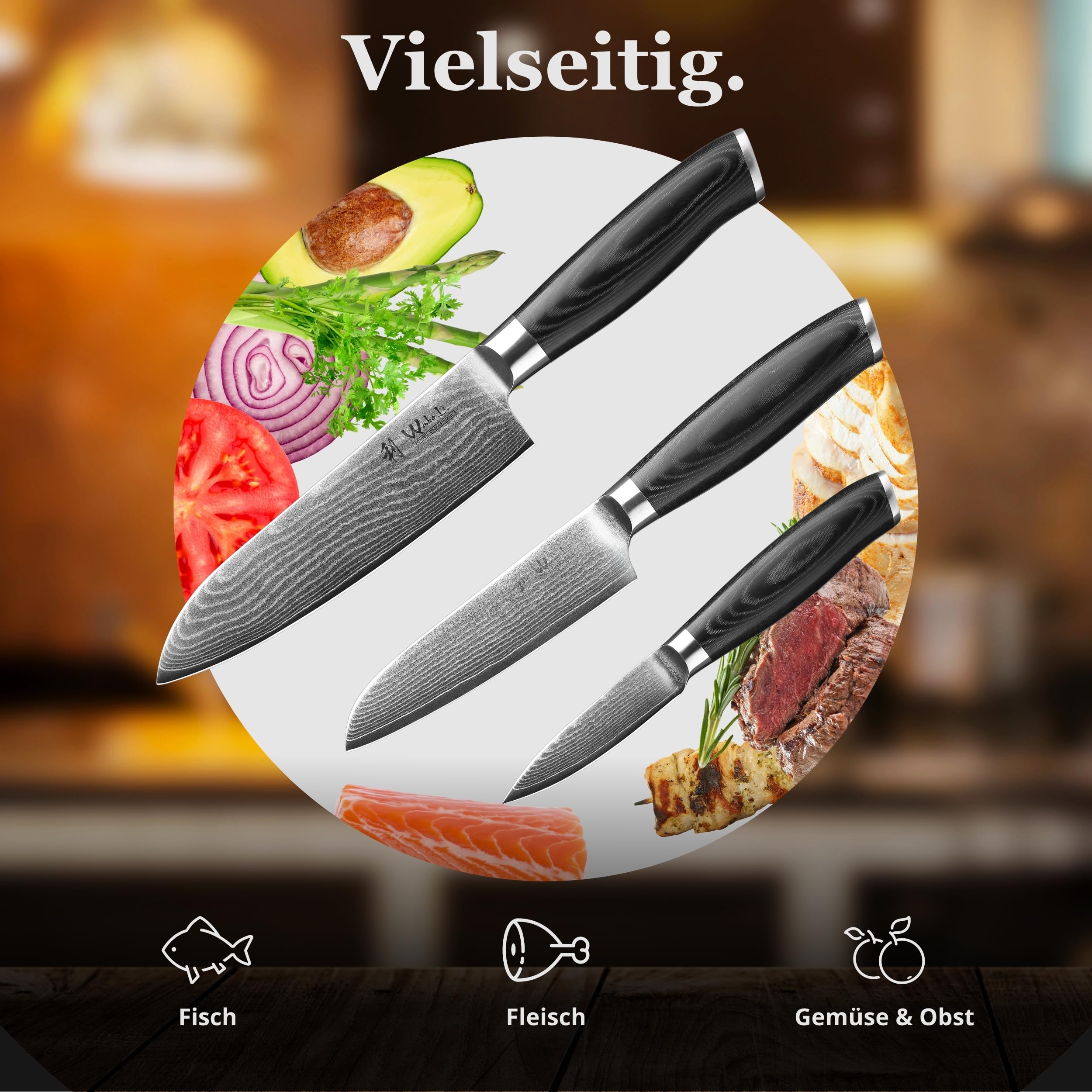 Wakoli Mikata 3-teiliges Messerset aus 67 Lagen Damaststahl mit VG10 Kern | Santoku, kleines Santoku und Officemesser; Micarta-Griffe, Geschenkbox, beidseitiger V-Schliff, für Fleisch, Fisch und Gemüse
