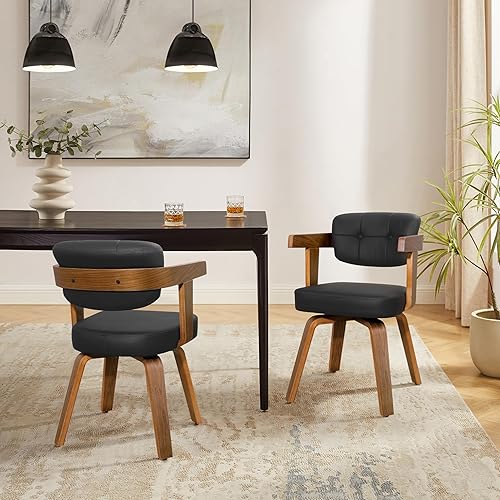 Miniatura 6 de Art Leon Silla de escritorio de oficina en casa, silla moderna de mediados de siglo, silla de oficina de piel sintética sin ruedas, cómoda silla con