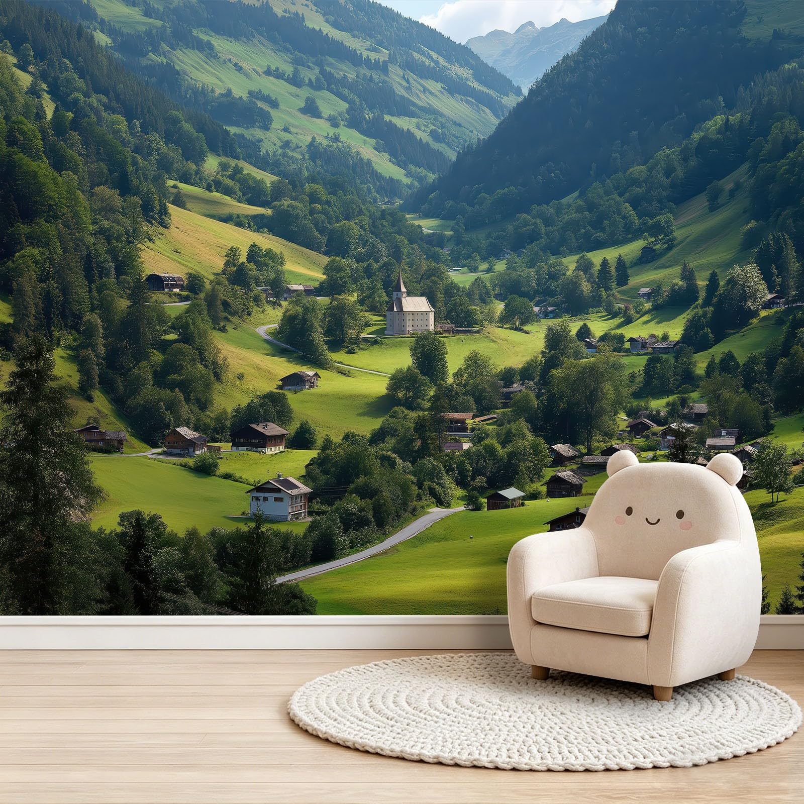 Panoramiczna tapeta 3D Ranch Valley plakat z europejskim kościołem, 400 x 280 cm (dł. x wys.) Tapeta ścienna z włókniny do salonu dziecięcego Sofa dekoracja tła TV, zielona