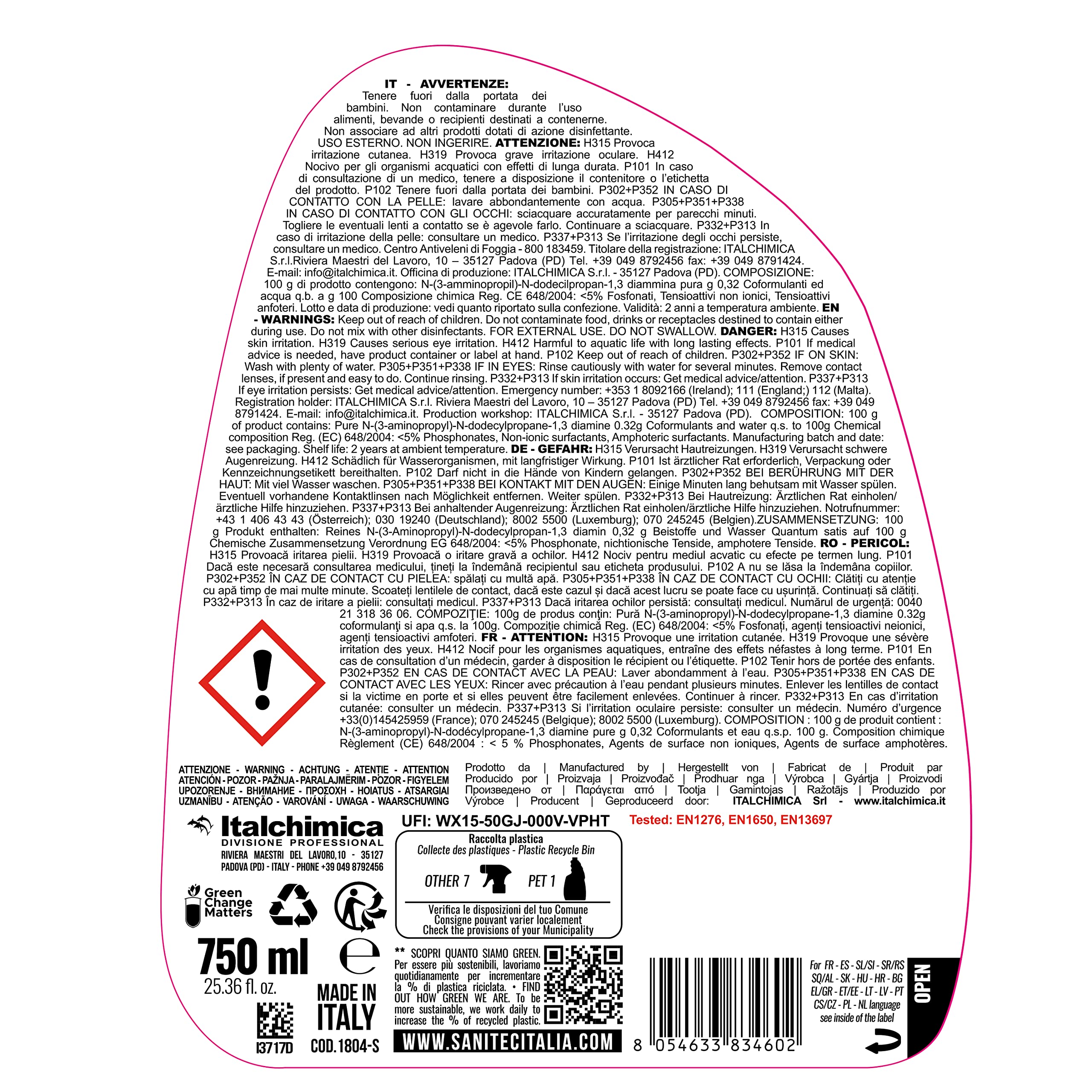 SANITEC igiene sicura Sani Active, Spray Disinfettante Sgrassante Universale,per la Disinfezione di Tutte le Superfici in Cucina, Bagno, Uffici, Ambienti Pubblici e Auto, Made in Italy, 6 Conf, 750 ml