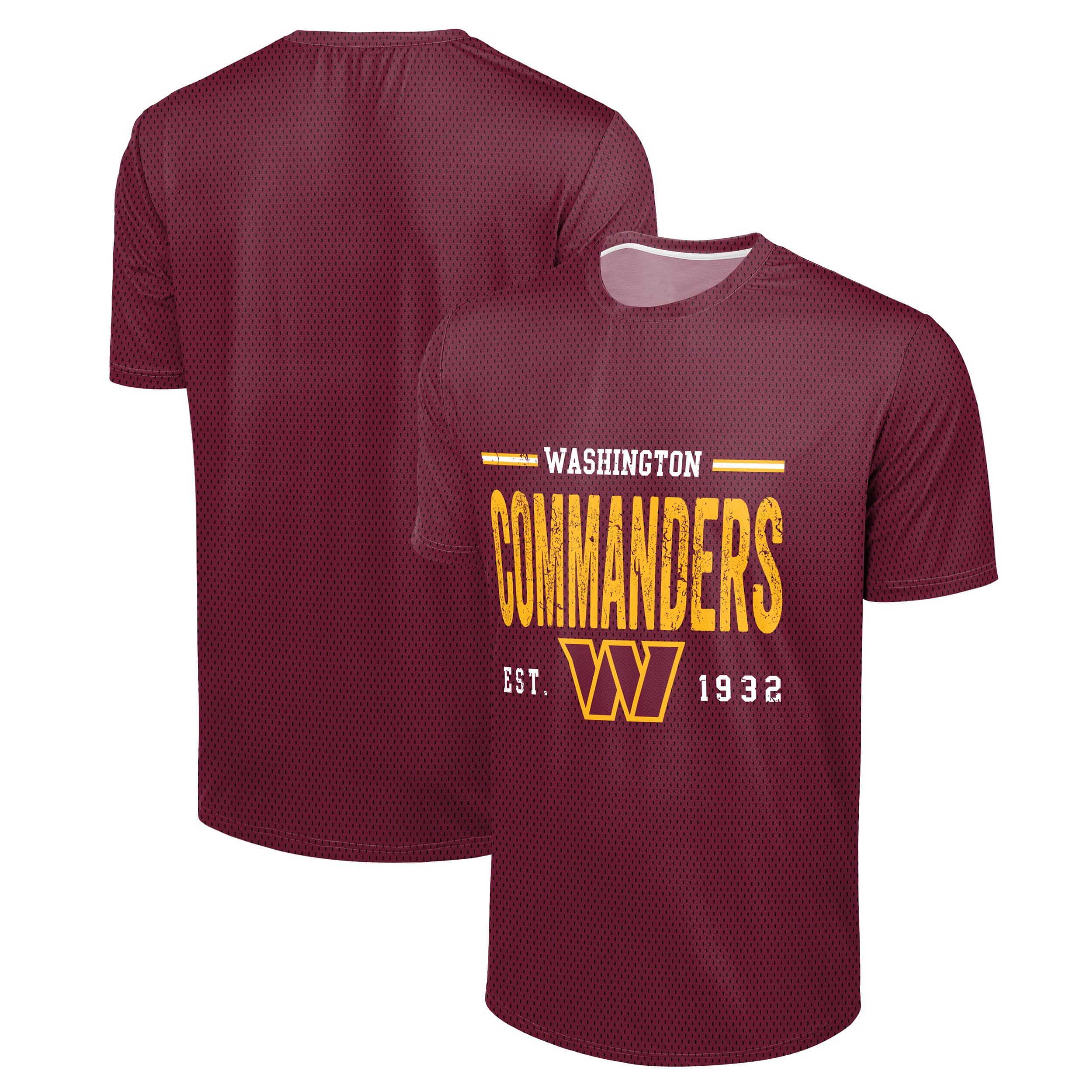 FOCO NFL Men's Officially Licensed Football Team Logo Wordmark Distressed Performance Team Color Crewneck T-Shirt, Washington Commanders - Burgundy, Large