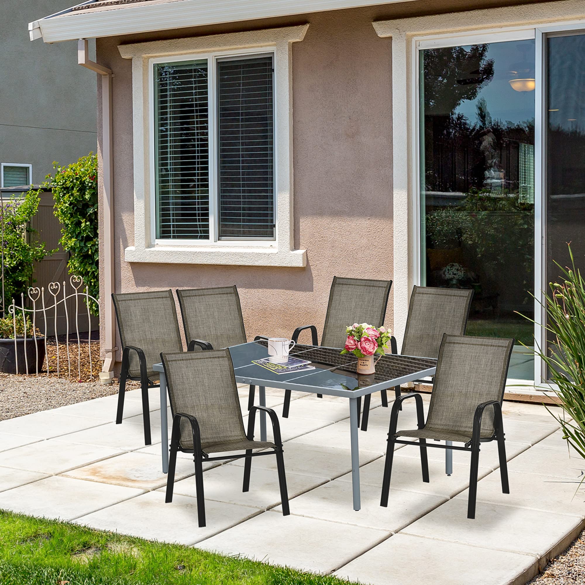 Outsunny Juego de 6 Sillas de Jardín Apilables para Ahorrar Espacio, Sillas de Exterior con Reposabrazos Metálicos y Tejido Transpirable, Marrón