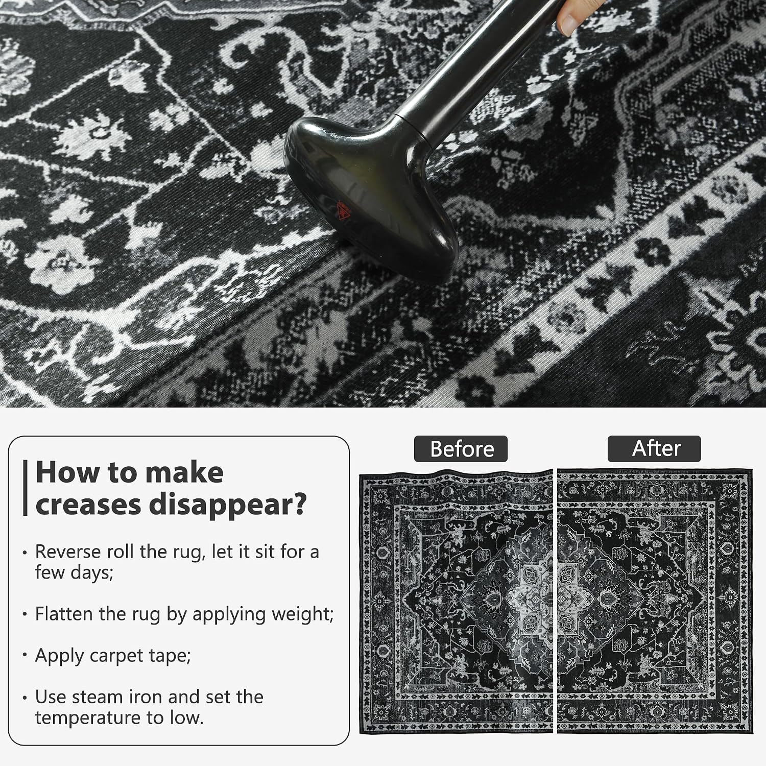 YJ.GWL Area Rug for Living Room, 4x6 Machine Washable Boho Rug for Bedroom, Low Pile Lightweight Thin Rugs Floral Vintage Distress Print Pattern Carpet for Dining Room, Navy Blue image 4