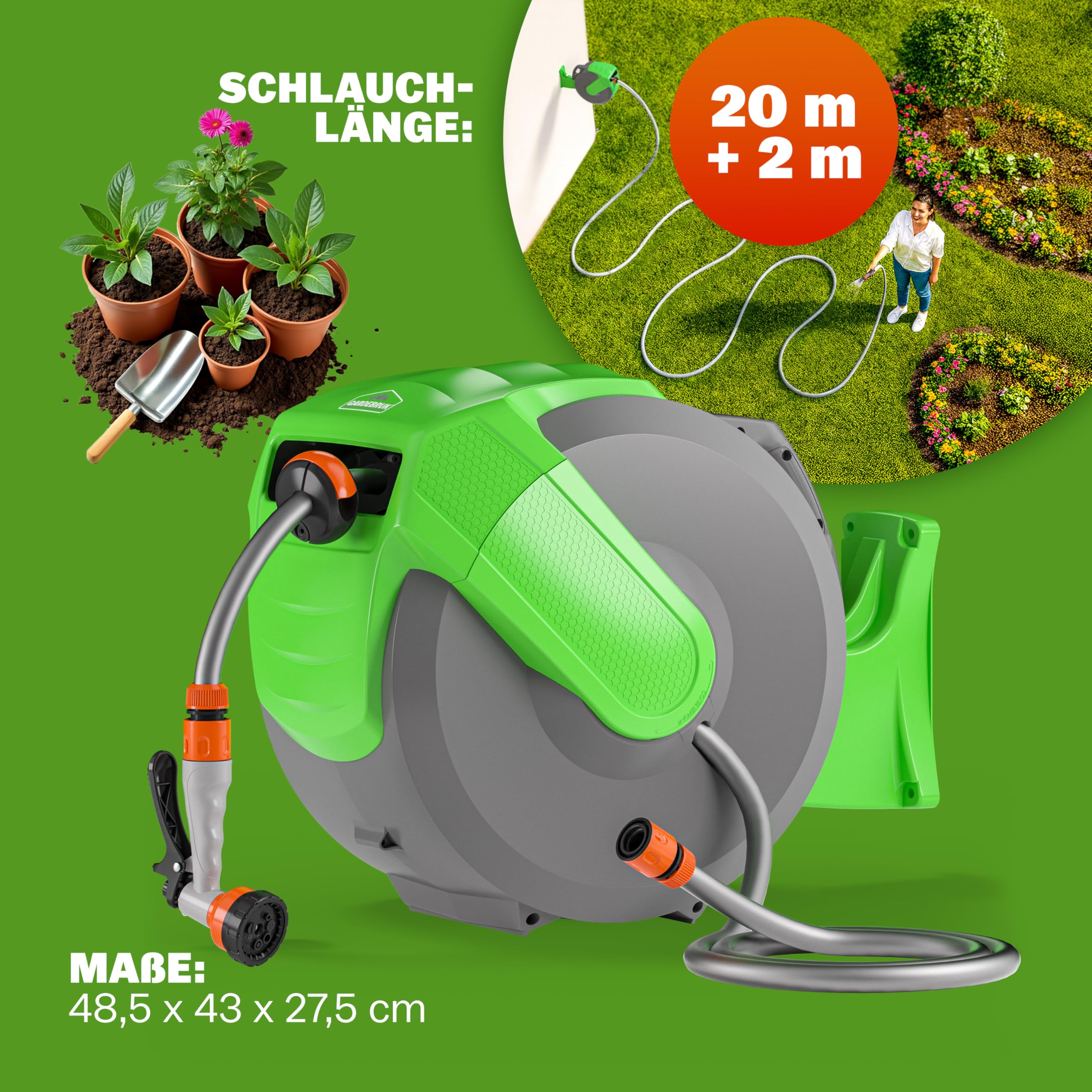 GARDEBRUK® Schlauchtrommel 20m + 2m mit Wandhalterung Garten 1/2' Multifunktions-Handbrause Schlauchführung Schlauchaufroller Wandschlauchbox