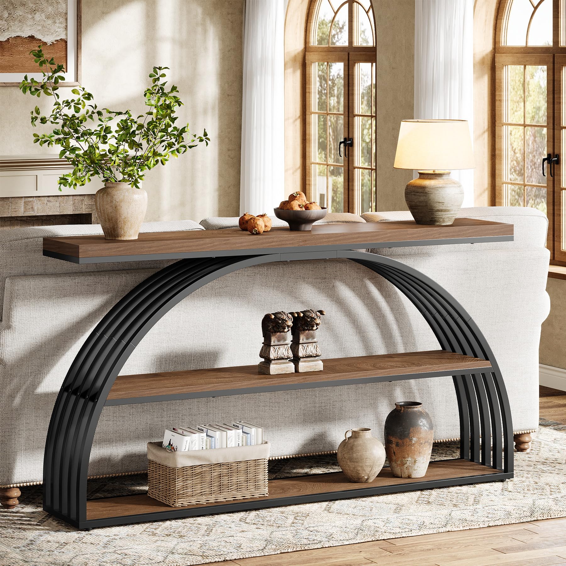 Tribesigns Konsolentisch für den Eingangsbereich, 160 cm Langer Tisch im Landhausstil mit gewölbtem Rahmen, 3-stufige industrielle Sofakonsolen hinter dem Sofa für Wohnzimmer, Flur, rustikales Braun